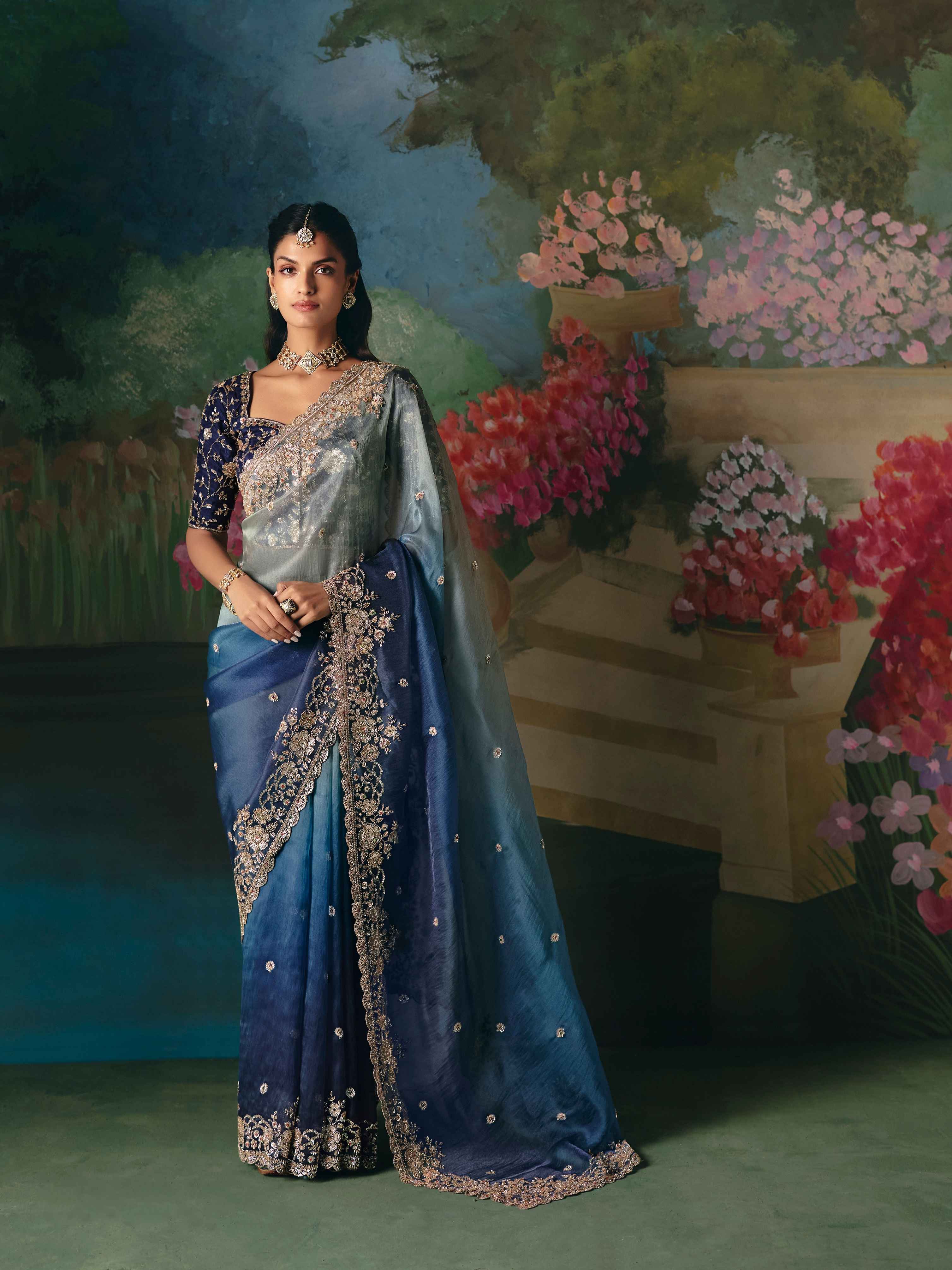 Grey Blue Premium Fancy Saree with Heavy Border Work