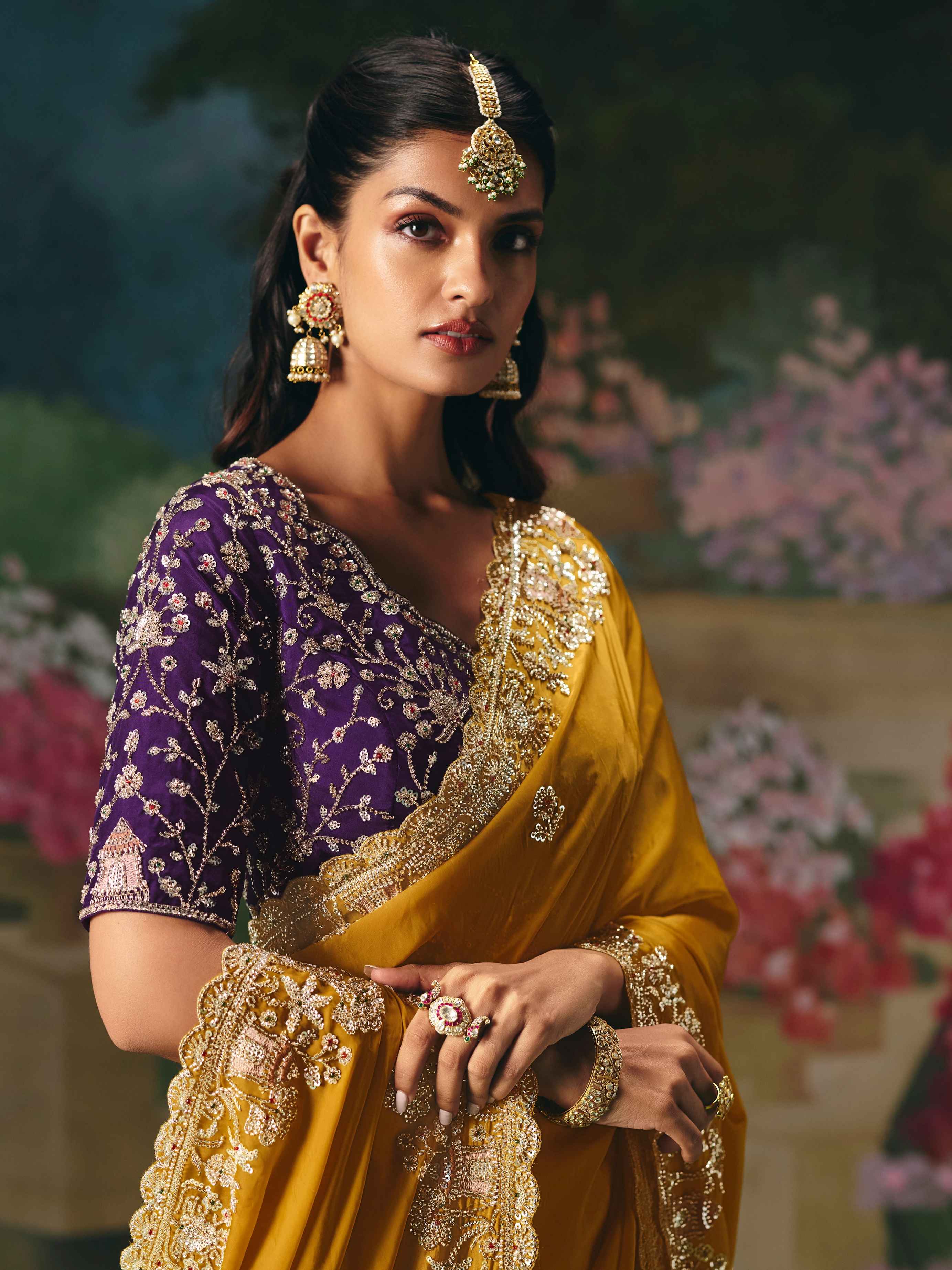 Mustard Yellow Premium Fancy Saree with Stone Beads Work