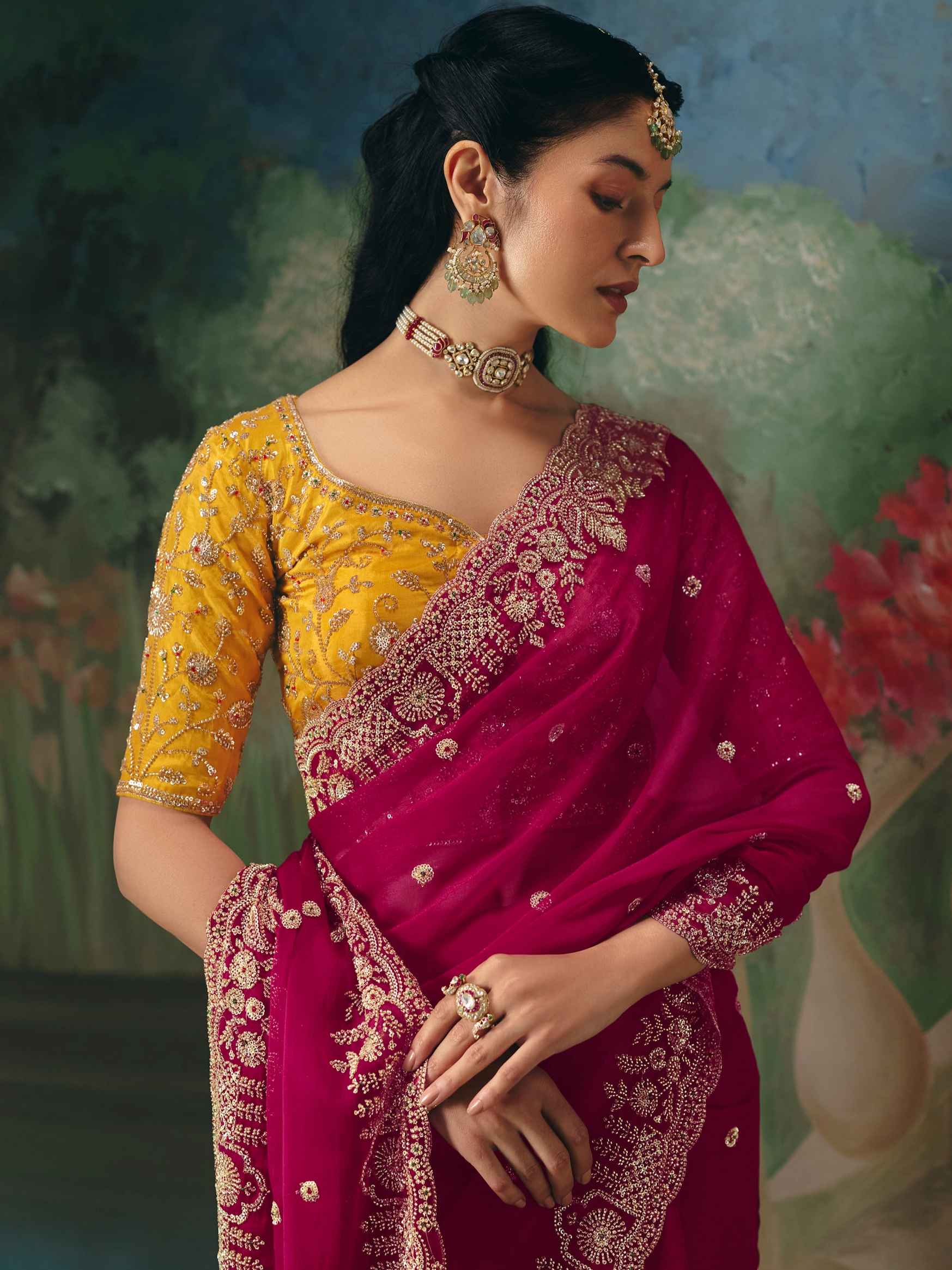 Rani Pink Premium Fancy Saree with Heavy Beads Work