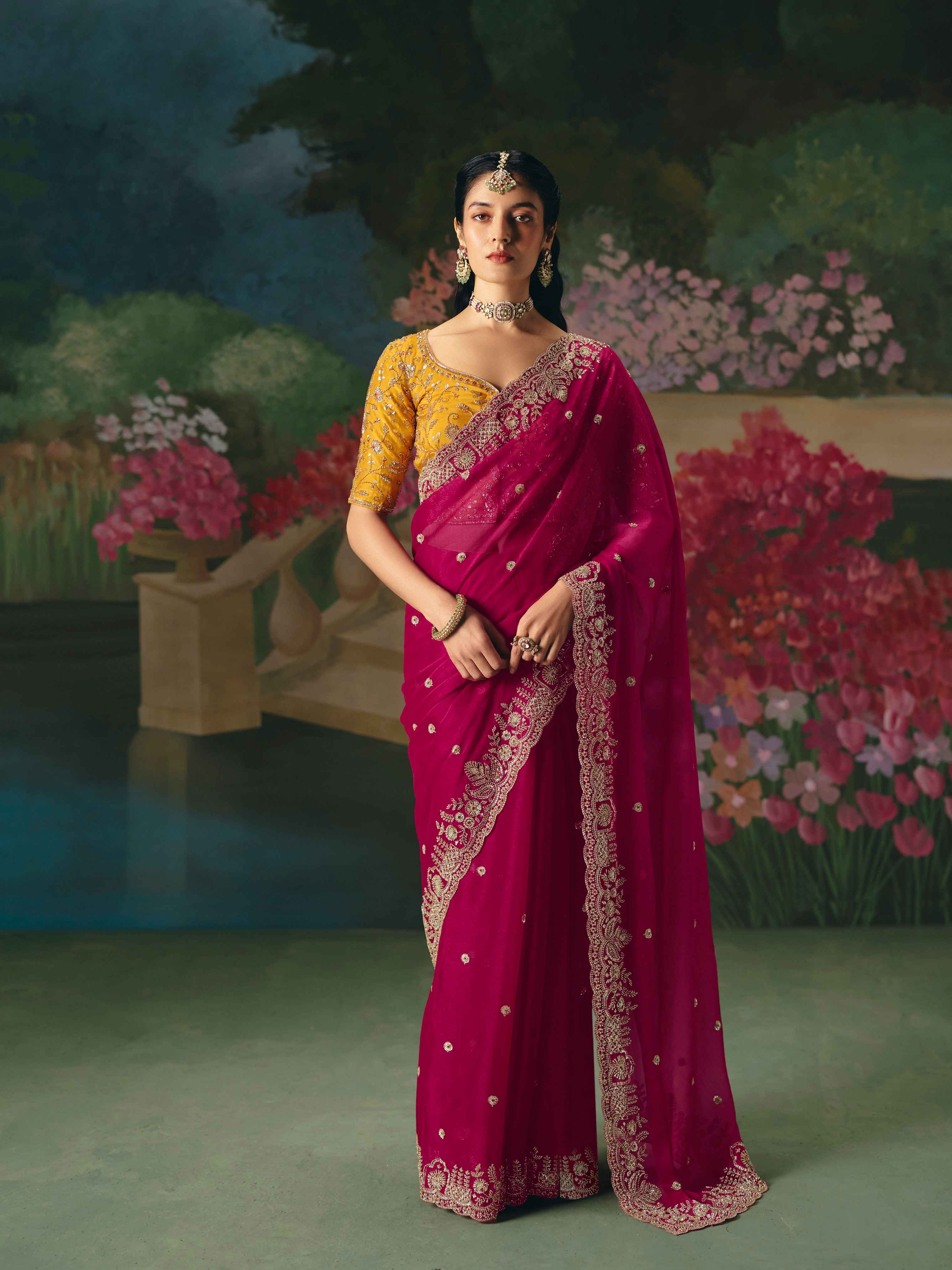 Rani Pink Premium Fancy Saree with Heavy Beads Work