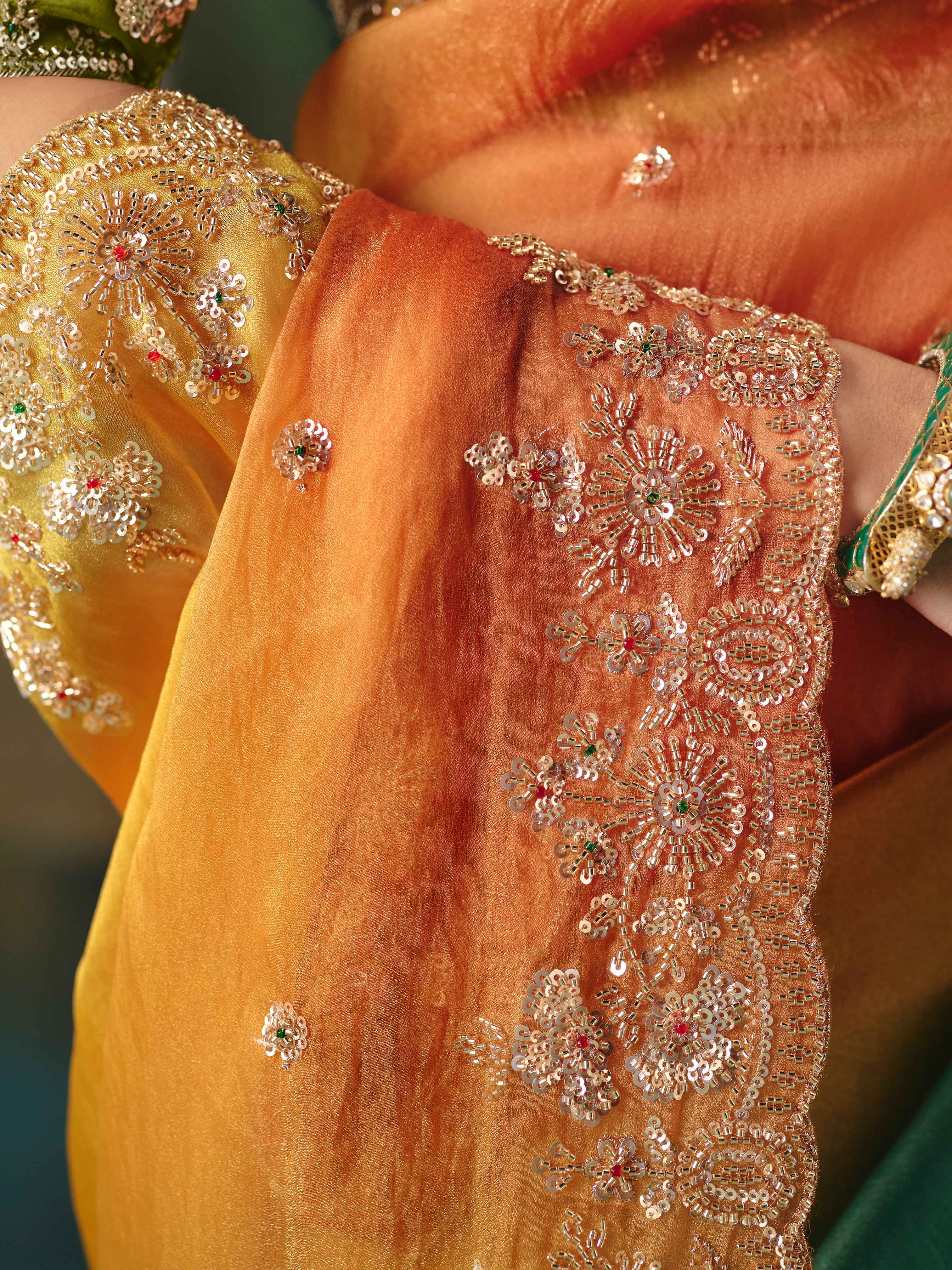 Multicolor Green-Orange Fancy Saree with Heavy Embroidery