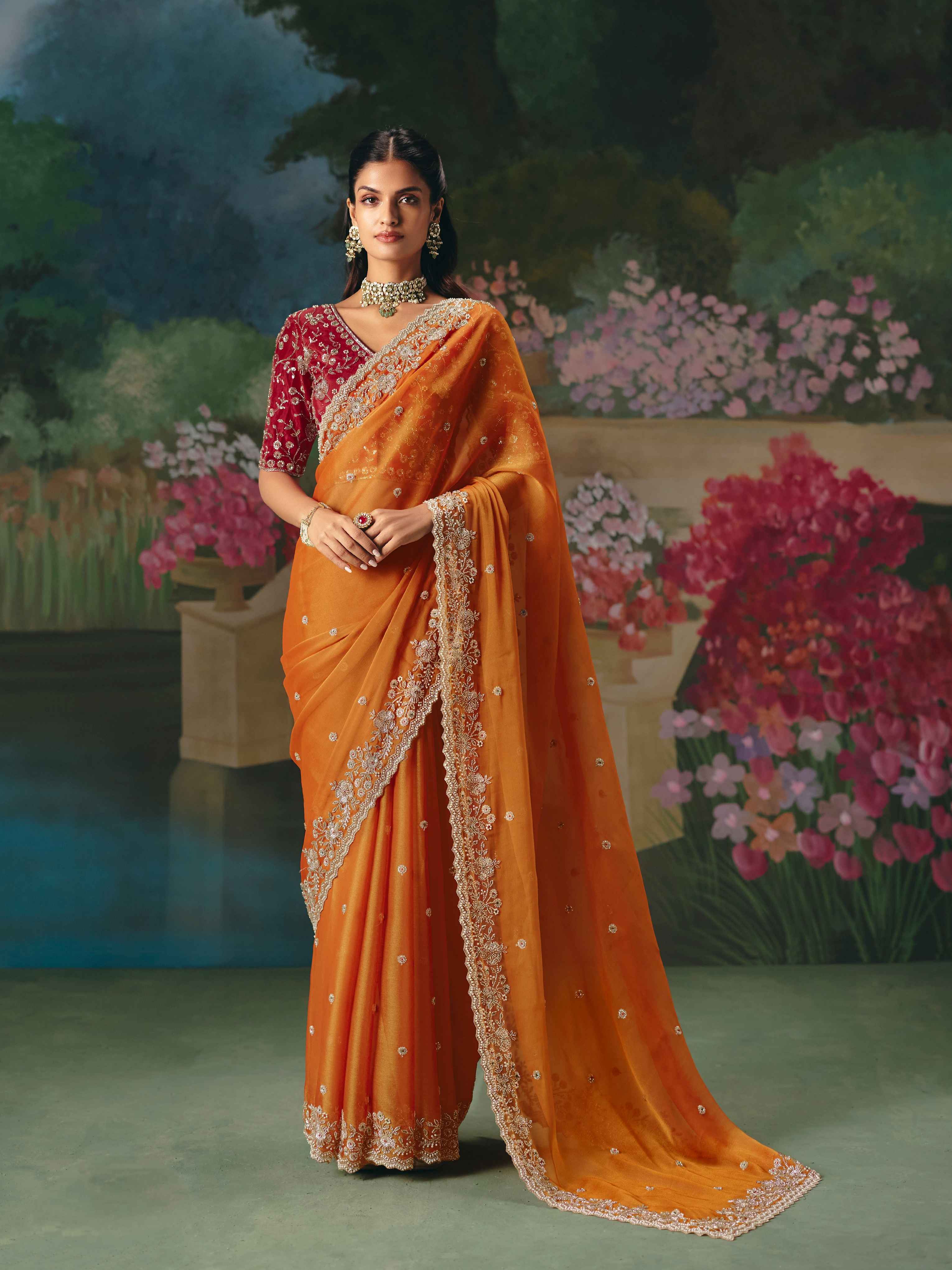 Orange Premium Fancy Saree with Heavy Sequin & Stone Embellishment