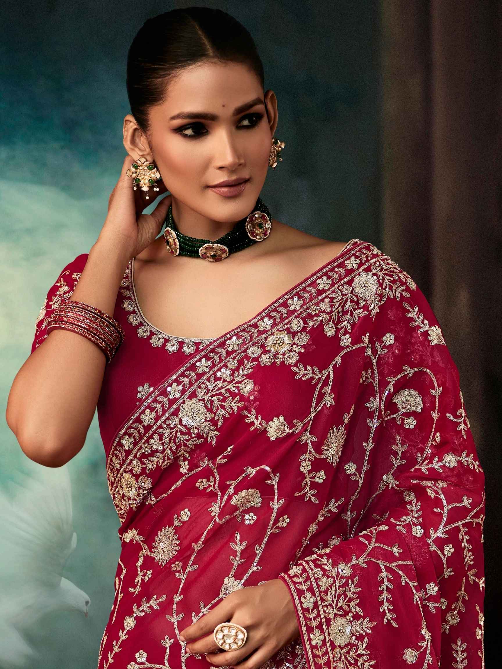Wine Premium Fancy Saree with Heavy Aari Work