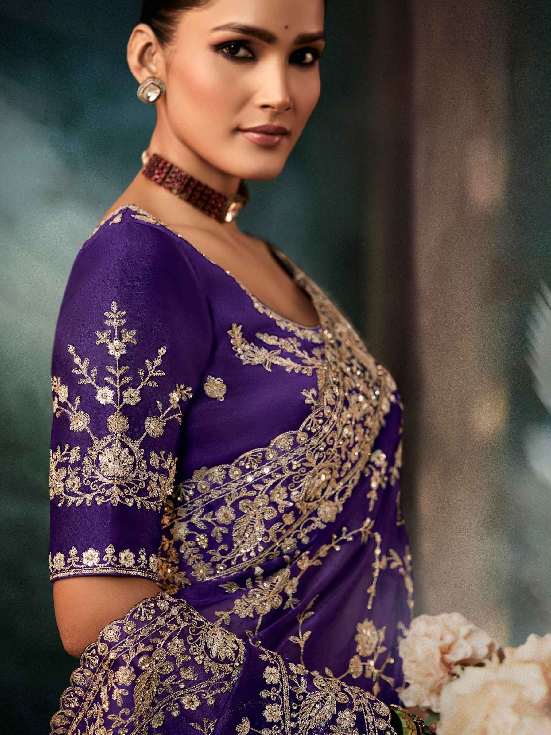 Purple Premium Fancy Saree with Aari Embroidery