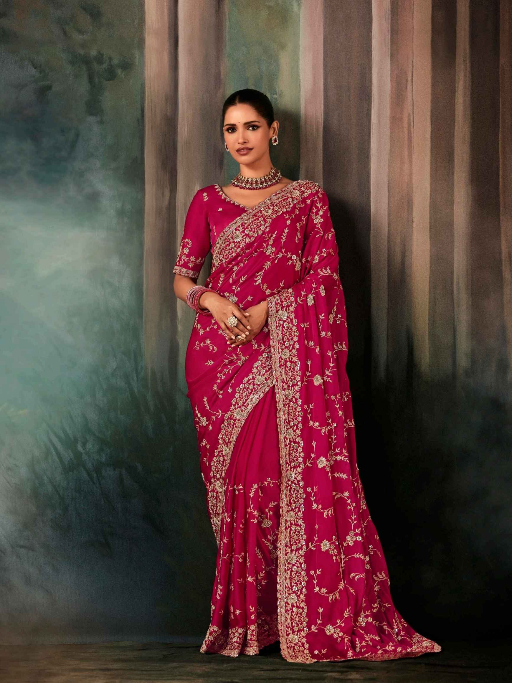 Rose Pink Designer Fancy Saree with Aari Handwork