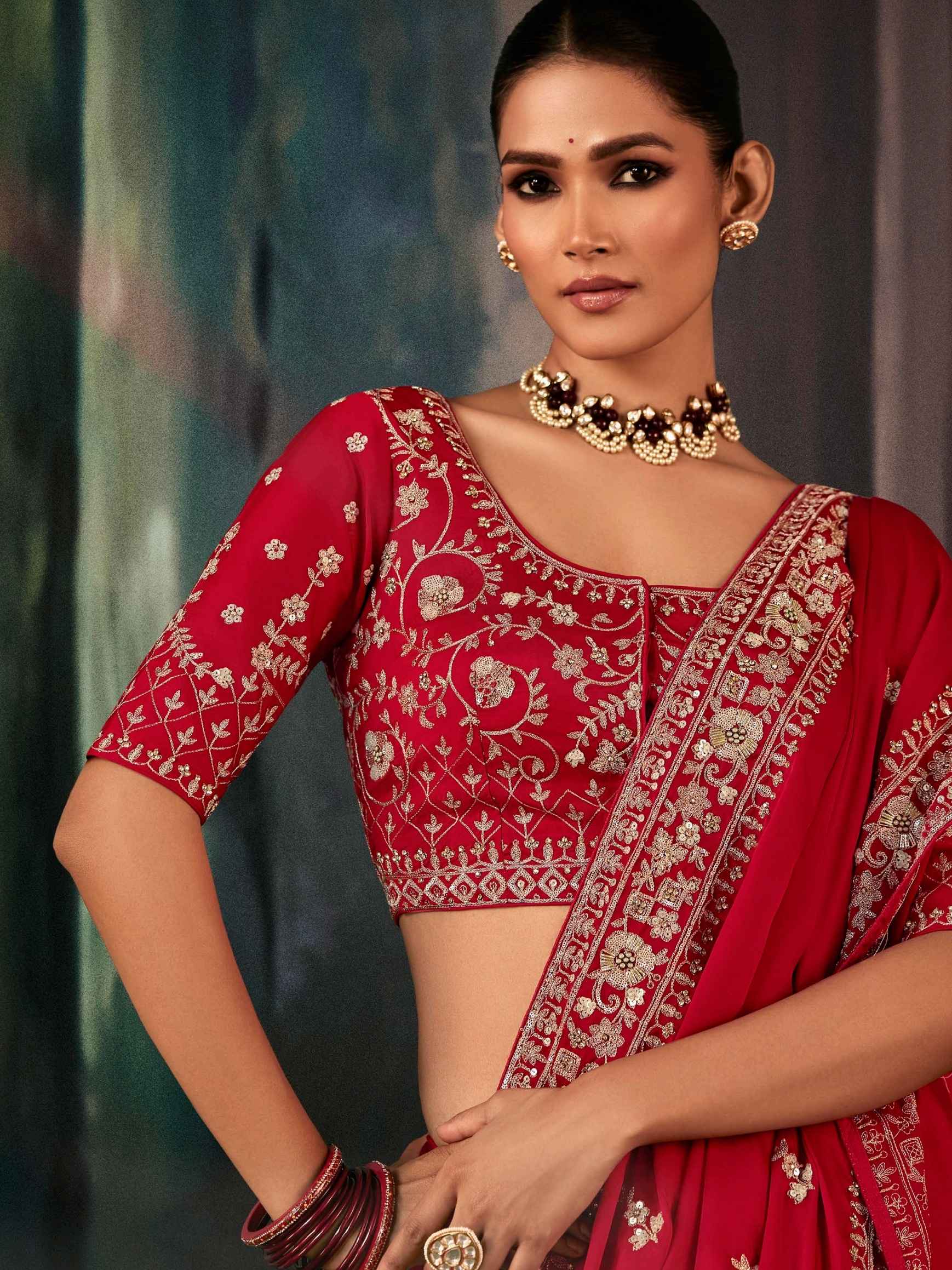 Red Bridal Fancy Saree with Aari & Hand Embroidery