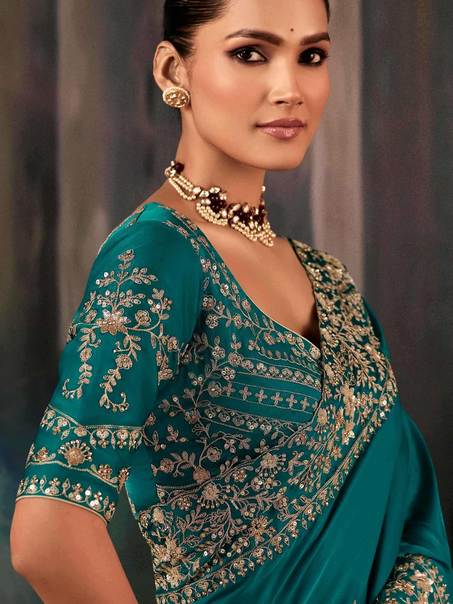 Teal Green Designer Fancy Saree with Aari Handwork
