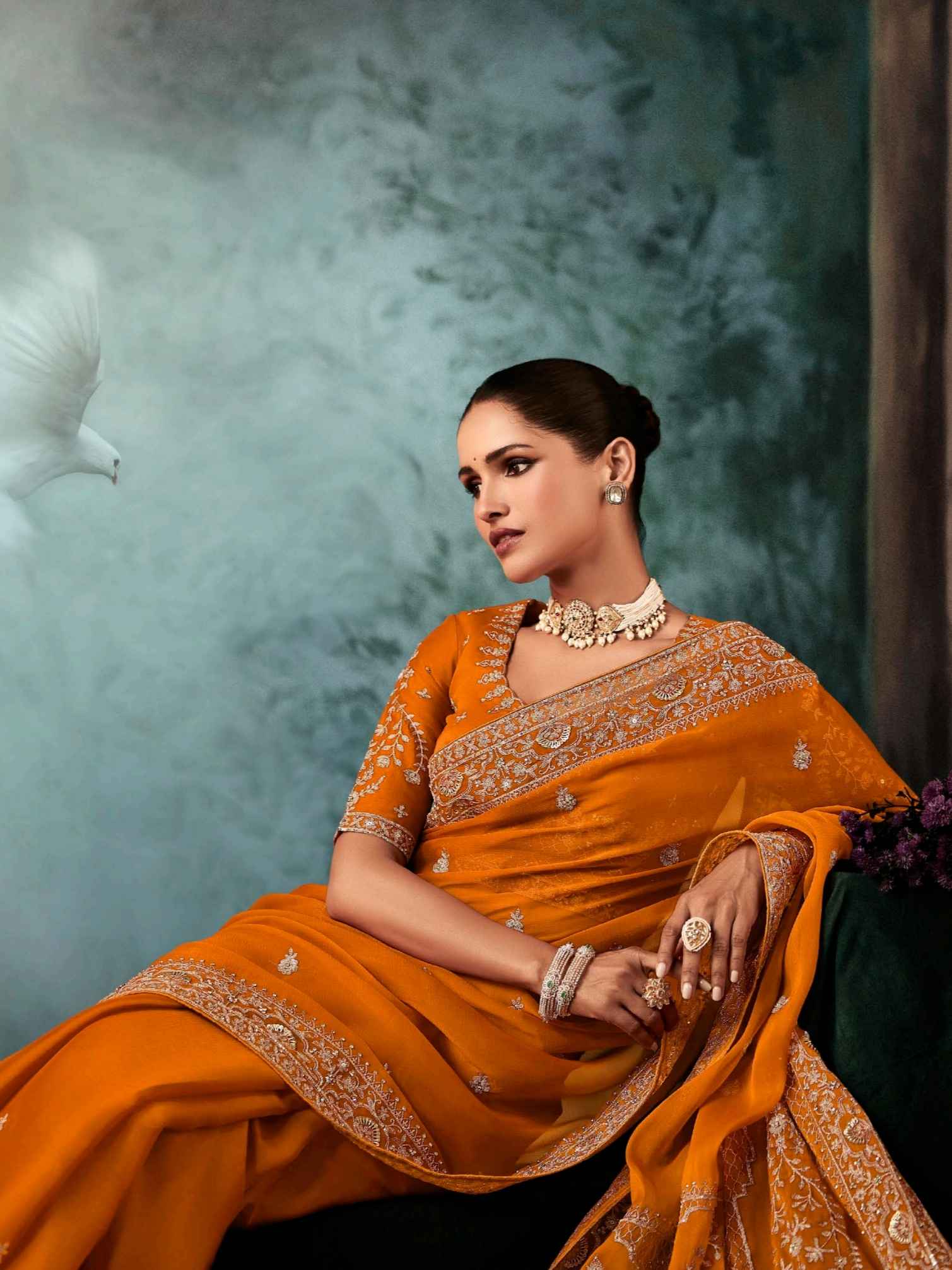 Mustard Orange Fancy Saree with Aari & Hand Embroidery