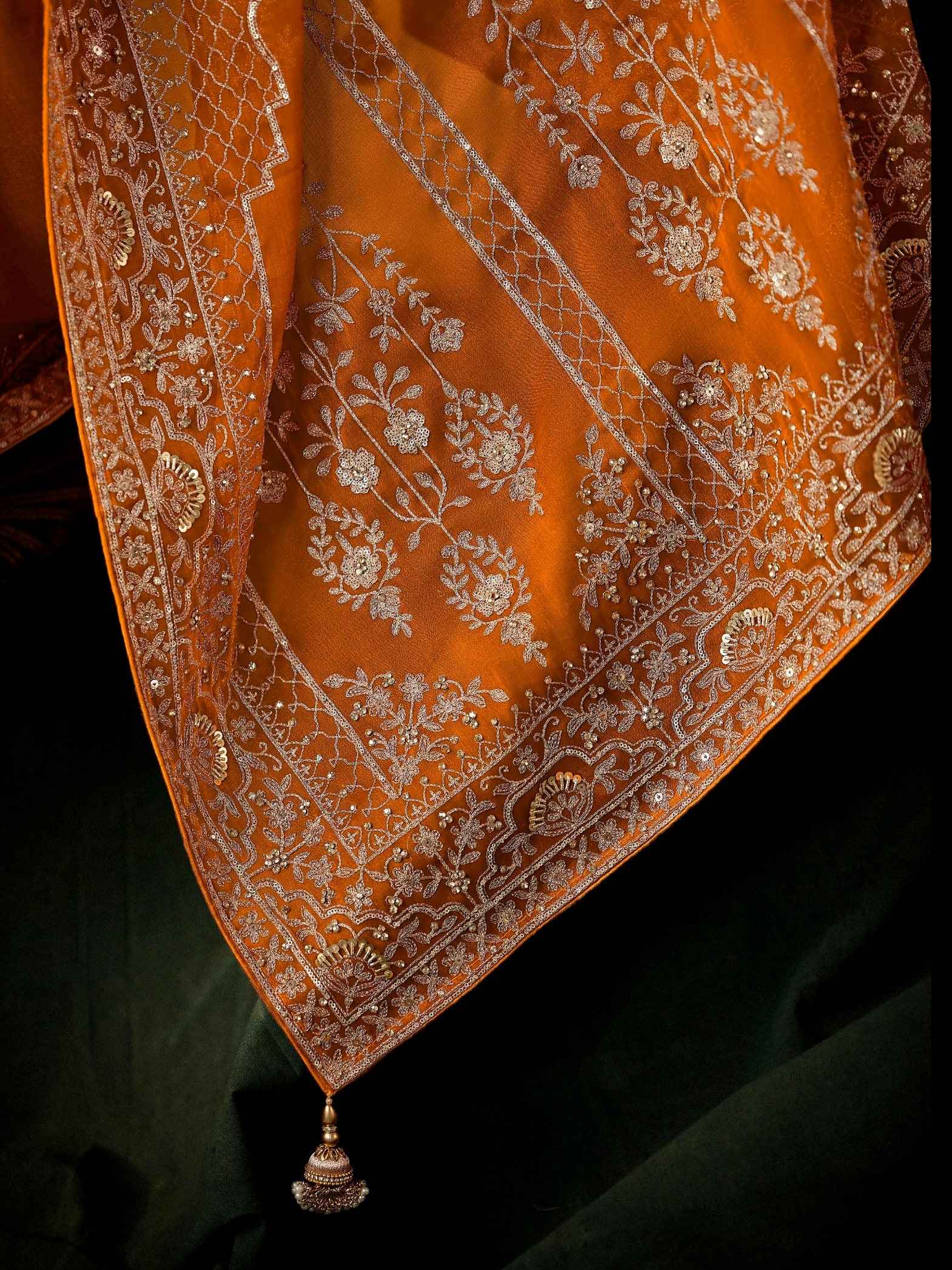 Mustard Orange Fancy Saree with Aari & Hand Embroidery