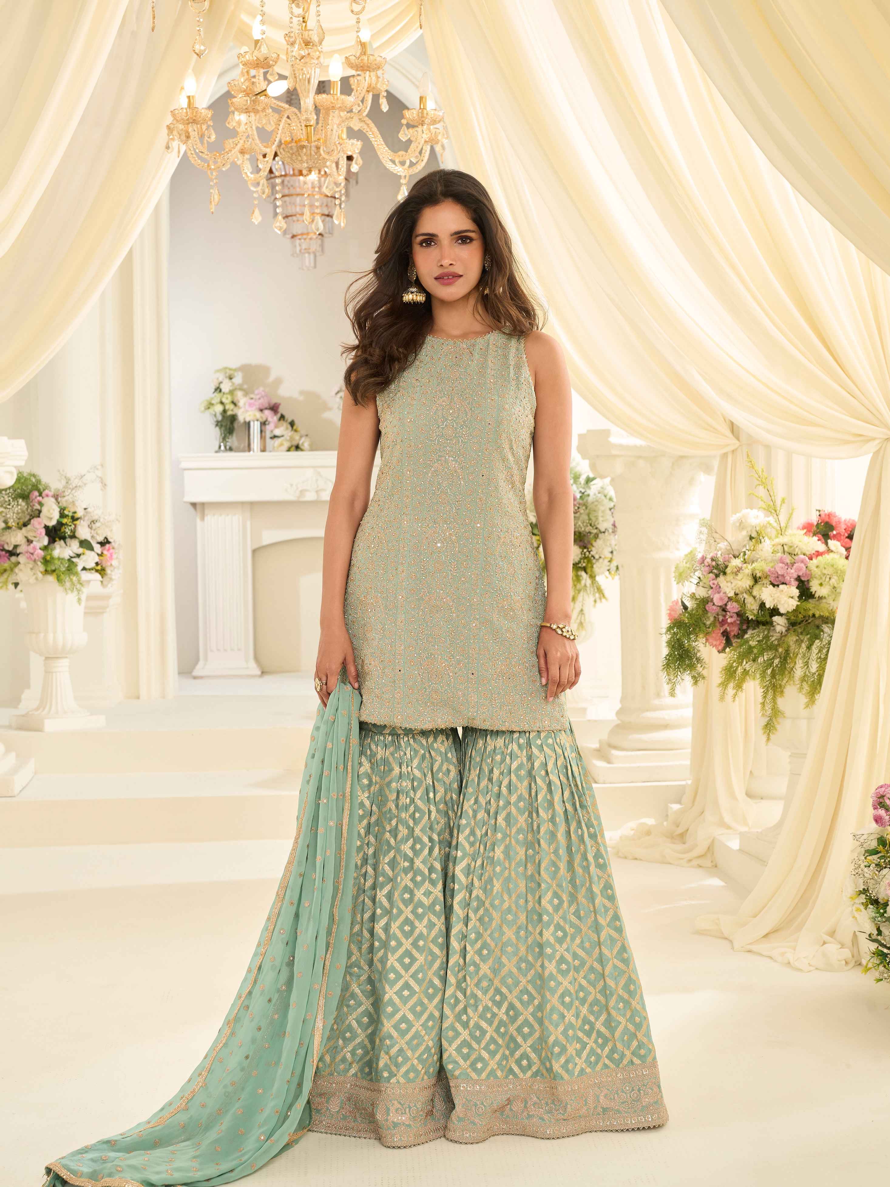 Sea Green Heavy Embroidered Georgette Sharara Suit with Dupatta