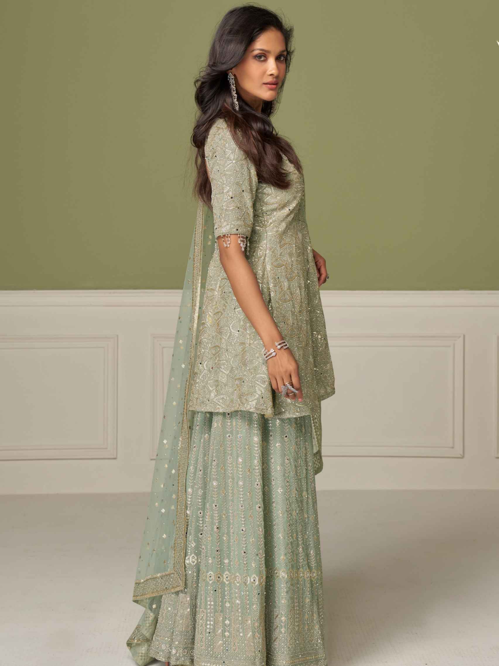 Mint Green Real Georgette Embroidered Palazzo Suit Set