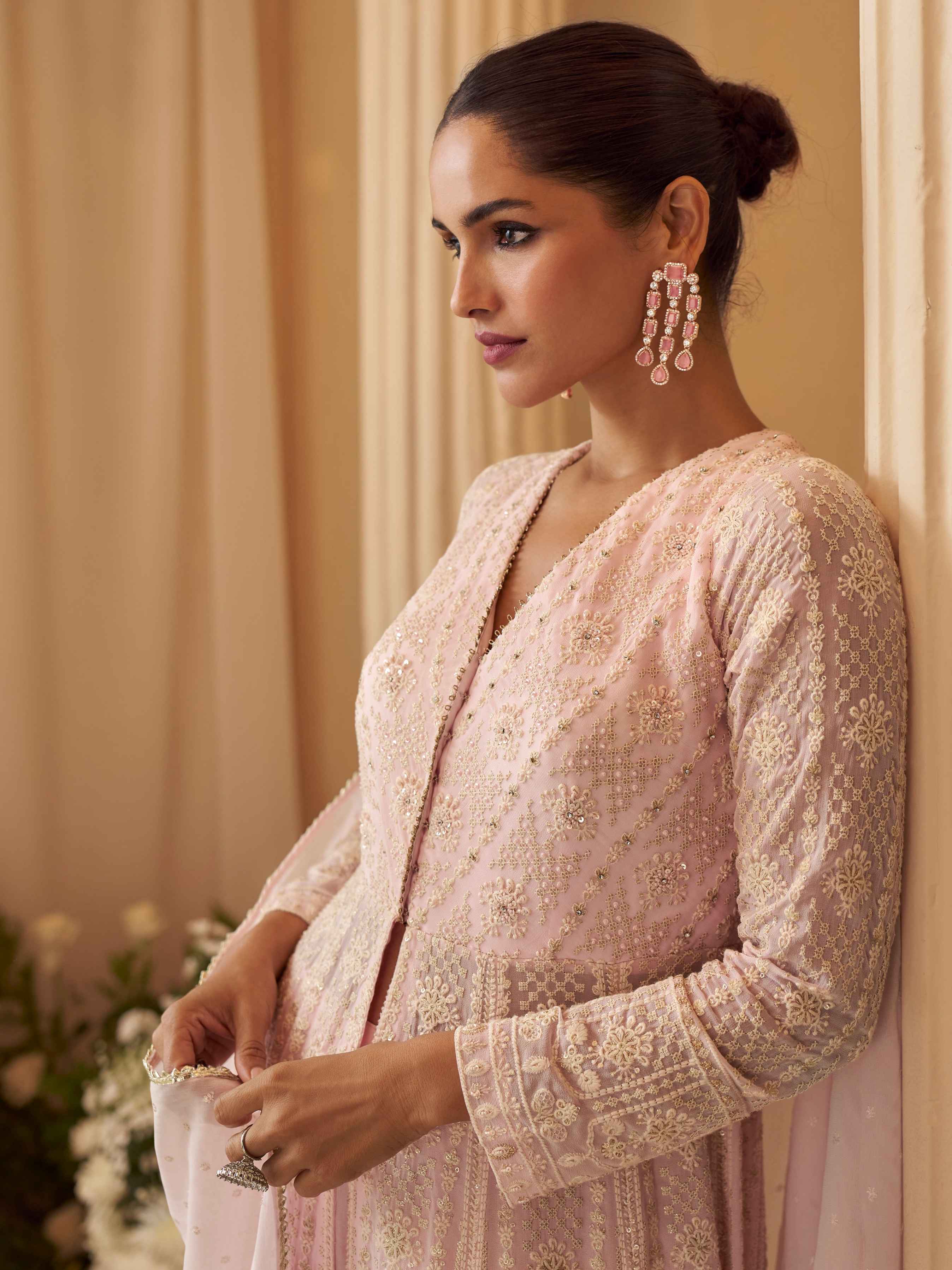 Blush Pink Lucknowi Chikankari Georgette Anarkali Kurta Set
