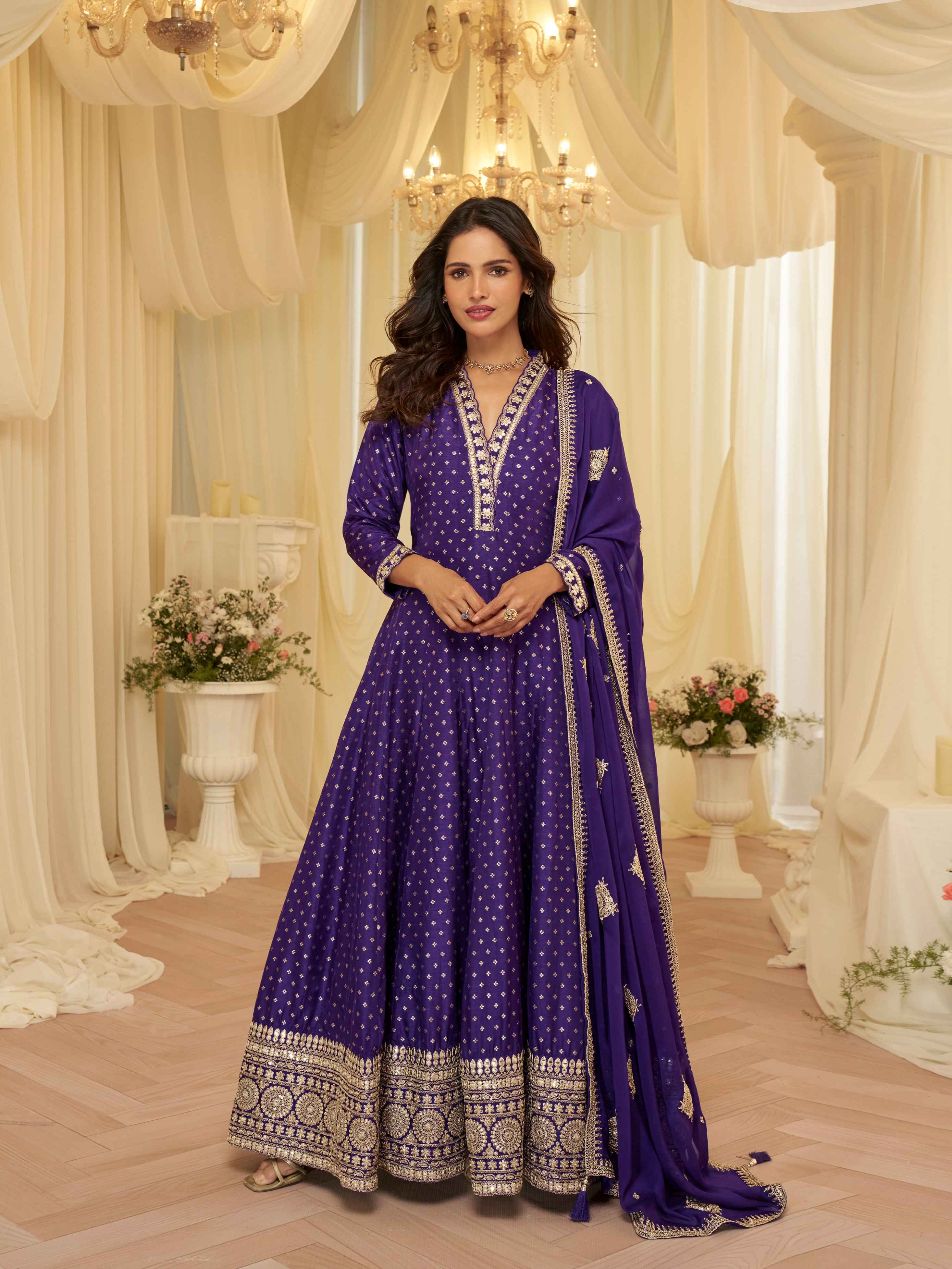 Royal Blue Pure Viscose Jacquard Silk Embroidered Anarkali Gown