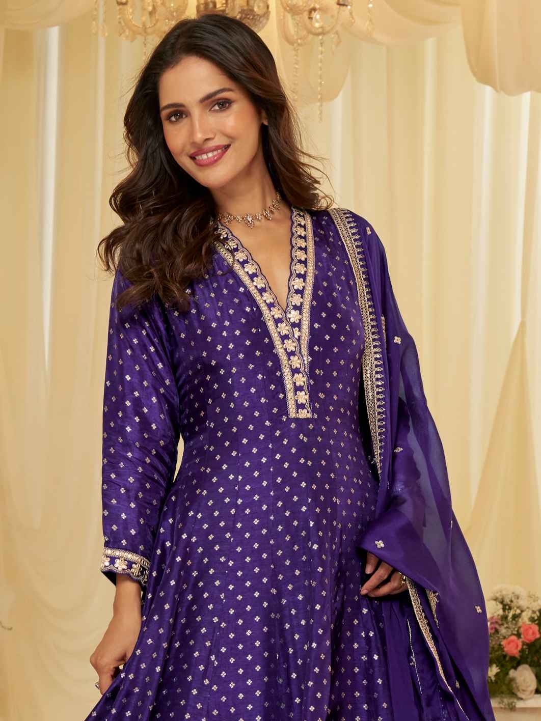 Royal Blue Pure Viscose Jacquard Silk Embroidered Anarkali Gown