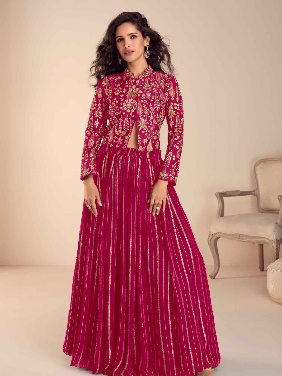 Magenta Embroidered Vechitra Silk Crop Top Skirt Set with Dupatta