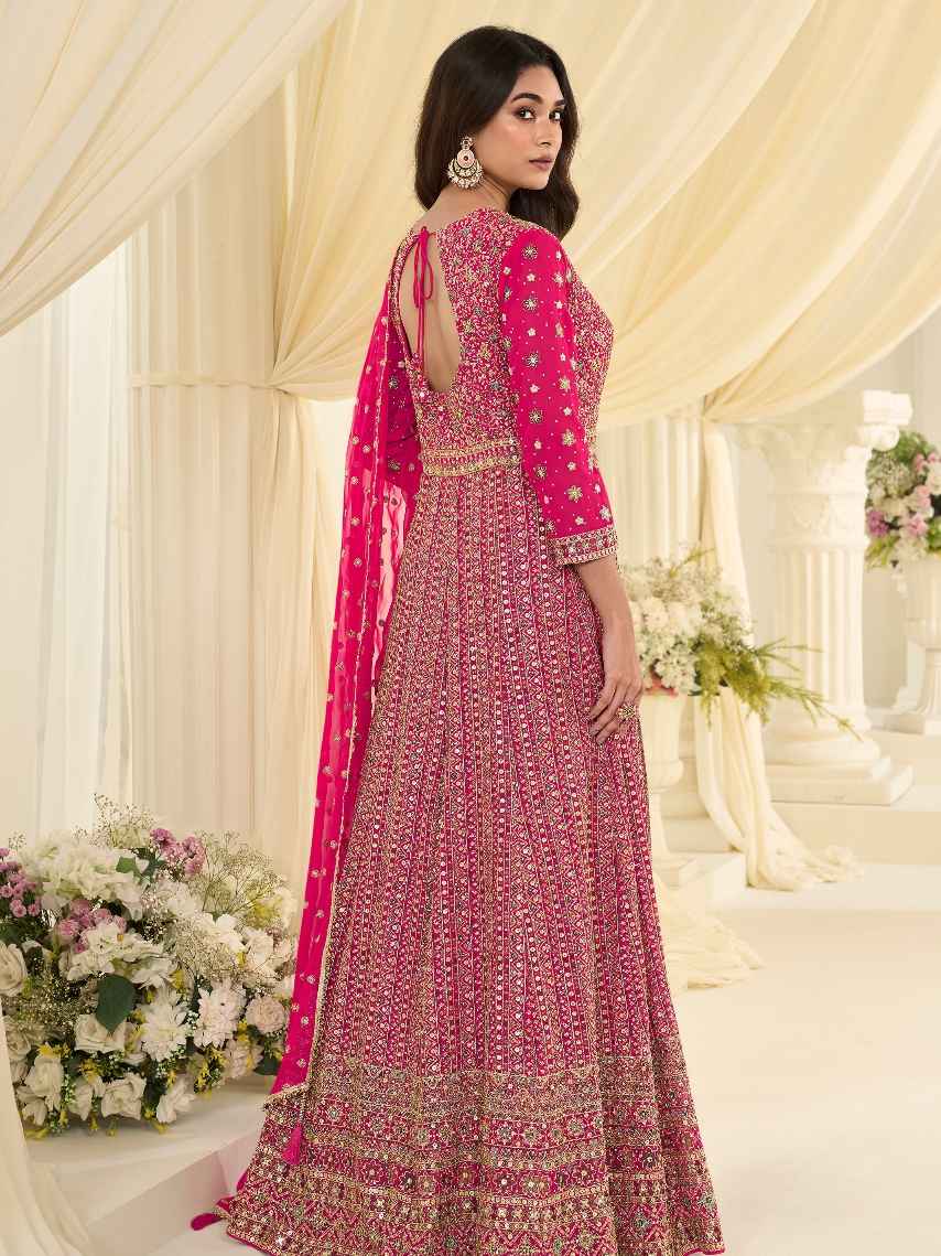 Rani Pink Heavy Embroidered Georgette Anarkali Gown with Dupatta