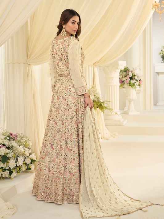 Cream Heavy Zarkan Work Georgette Anarkali Gown with Dupatta