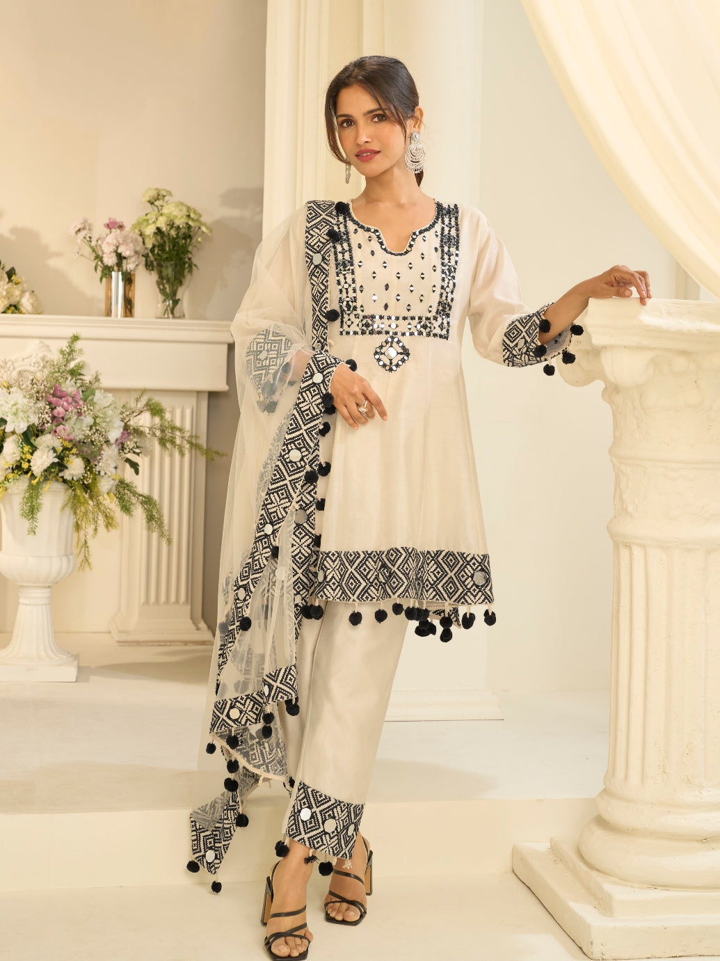Ivory Straight Suit Set with Mirror Work Dupatta