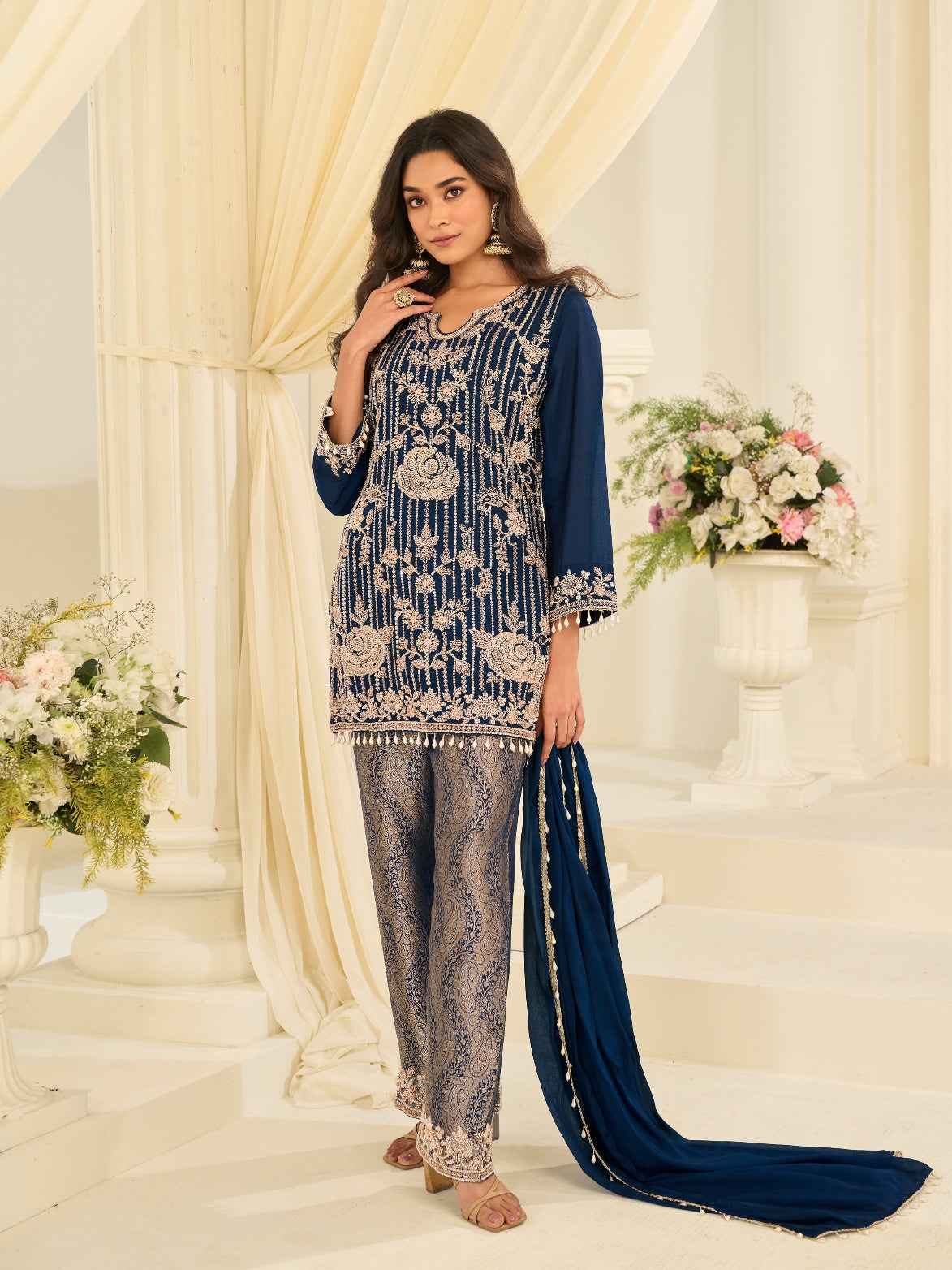 Navy Blue Viscose Jacquard Beads Work Palazzo Suit