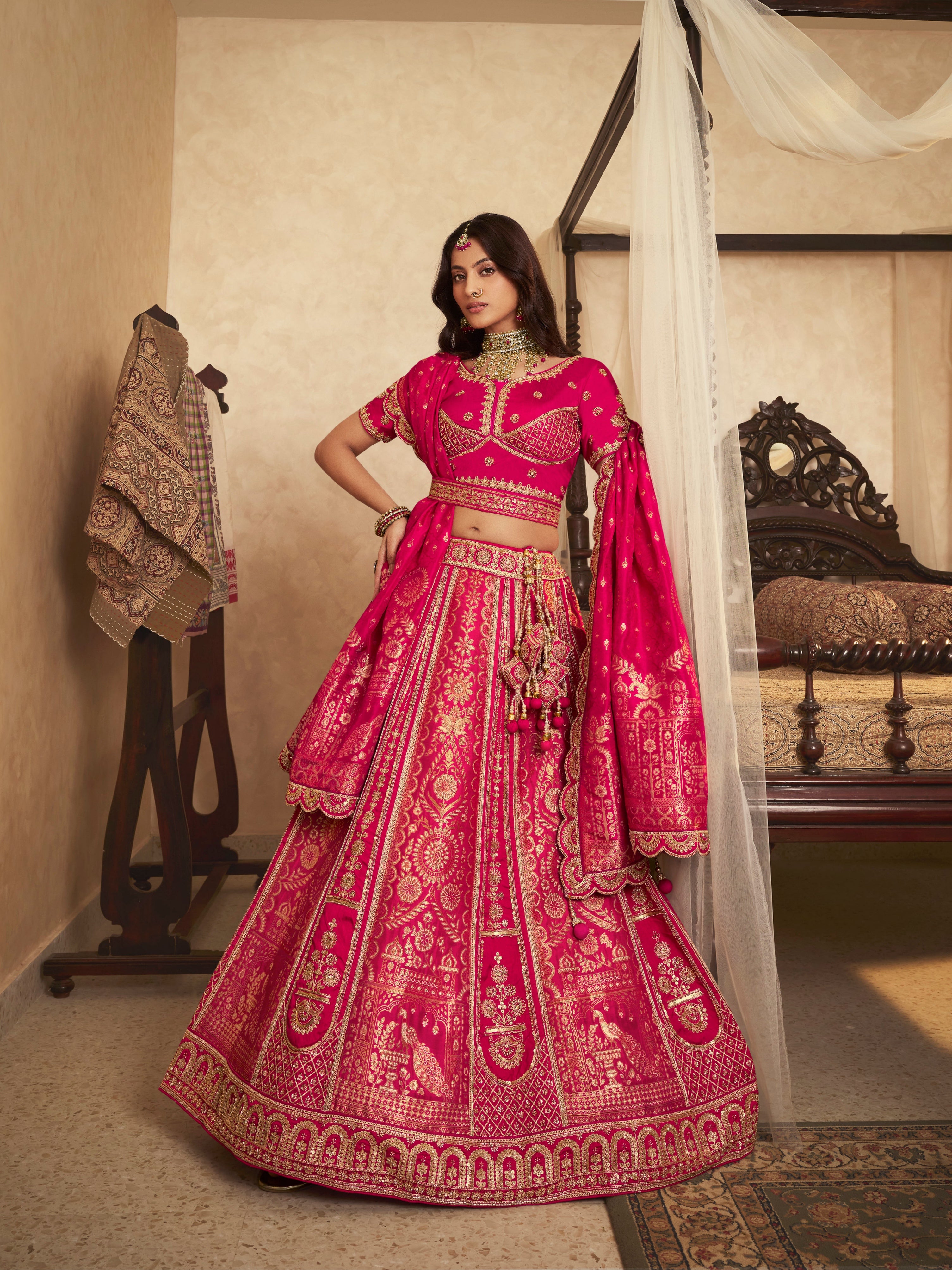 Rani Pink Banarasi Silk Lehenga with Swarovski & Zari Work