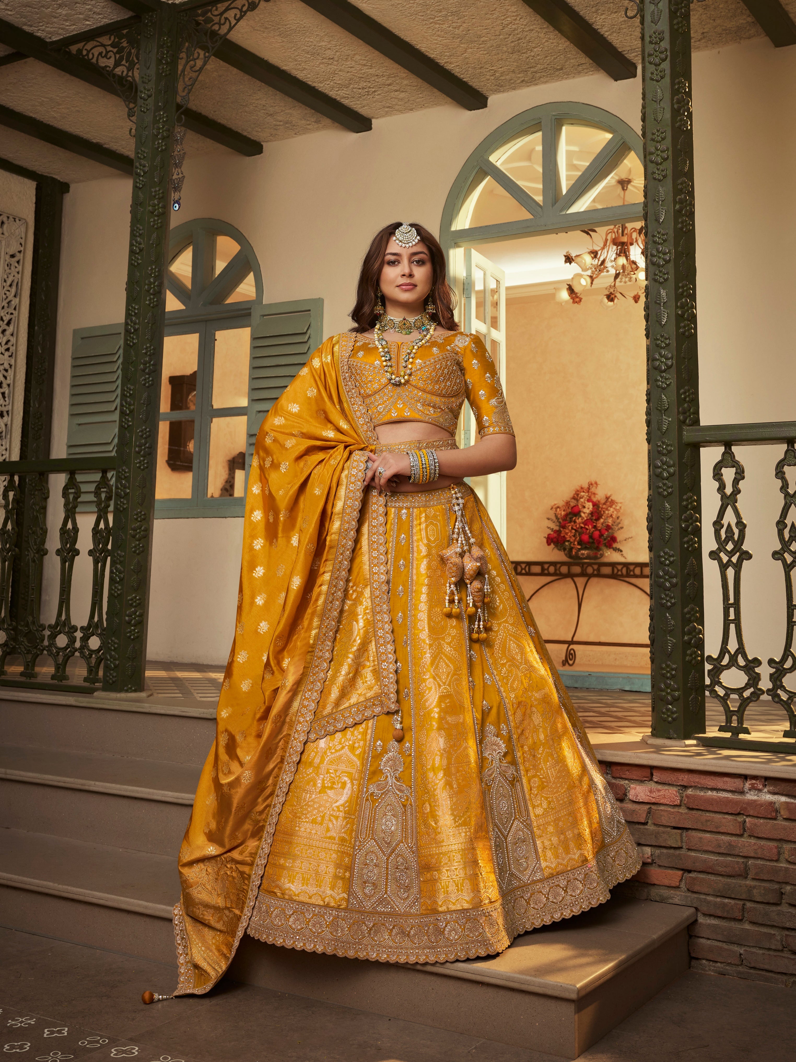 Mustard Yellow Banarasi Silk Lehenga with Sequins & Zari Embroidery