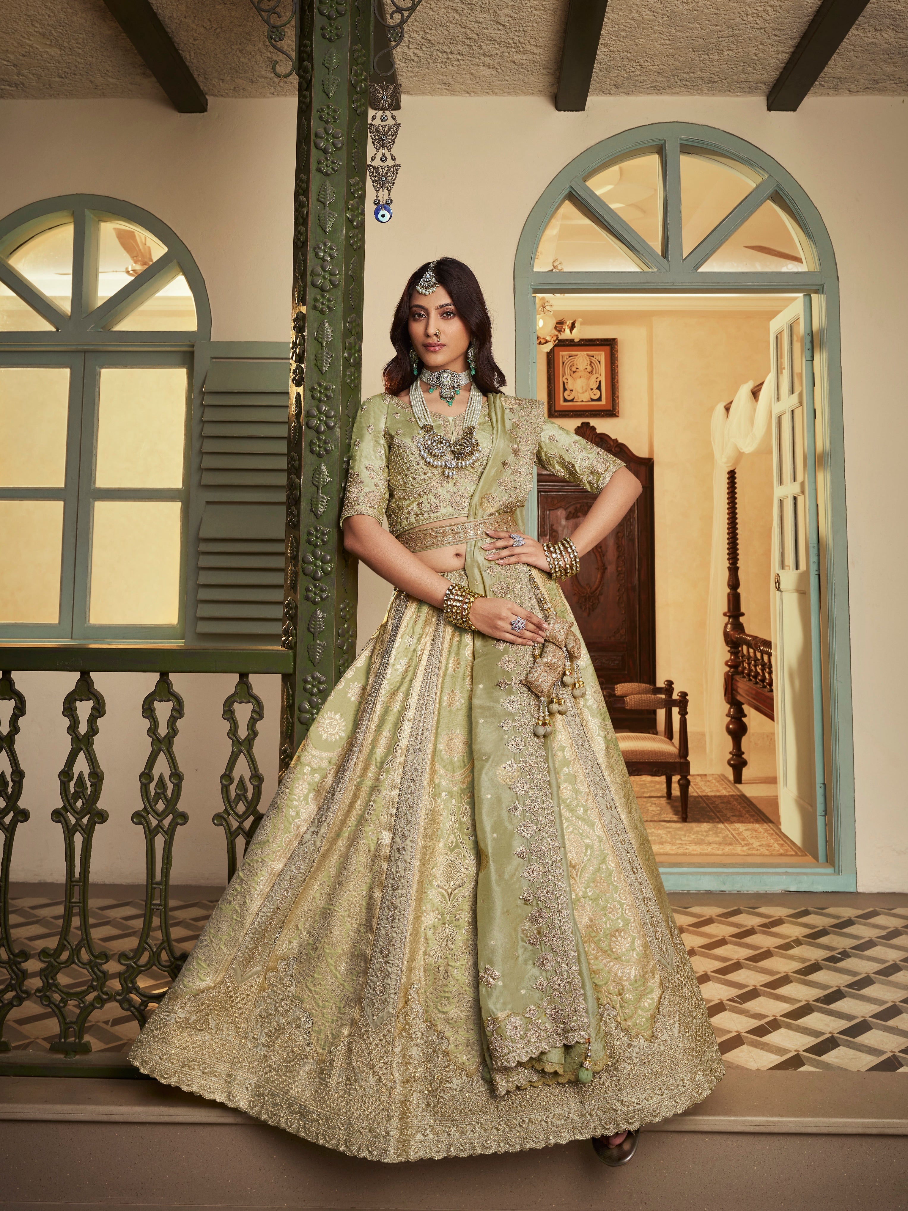 Pista Green Banarasi Silk Lehenga with Zari & Swarovski Embroidery