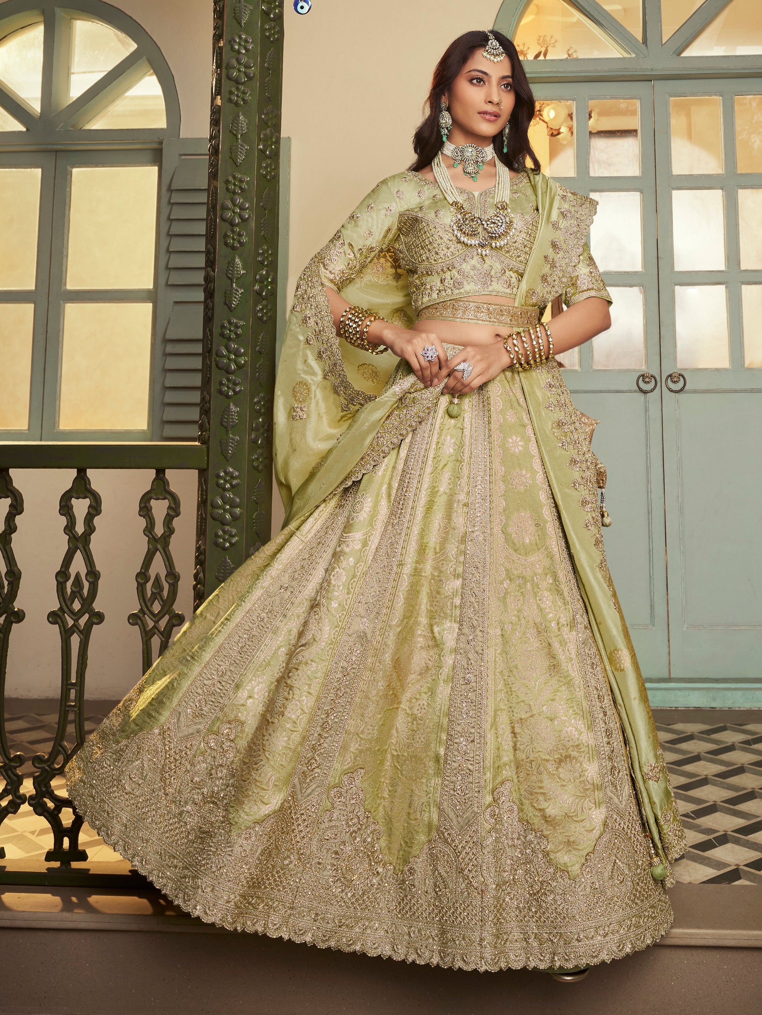 Pista Green Banarasi Silk Lehenga with Zari & Swarovski Embroidery