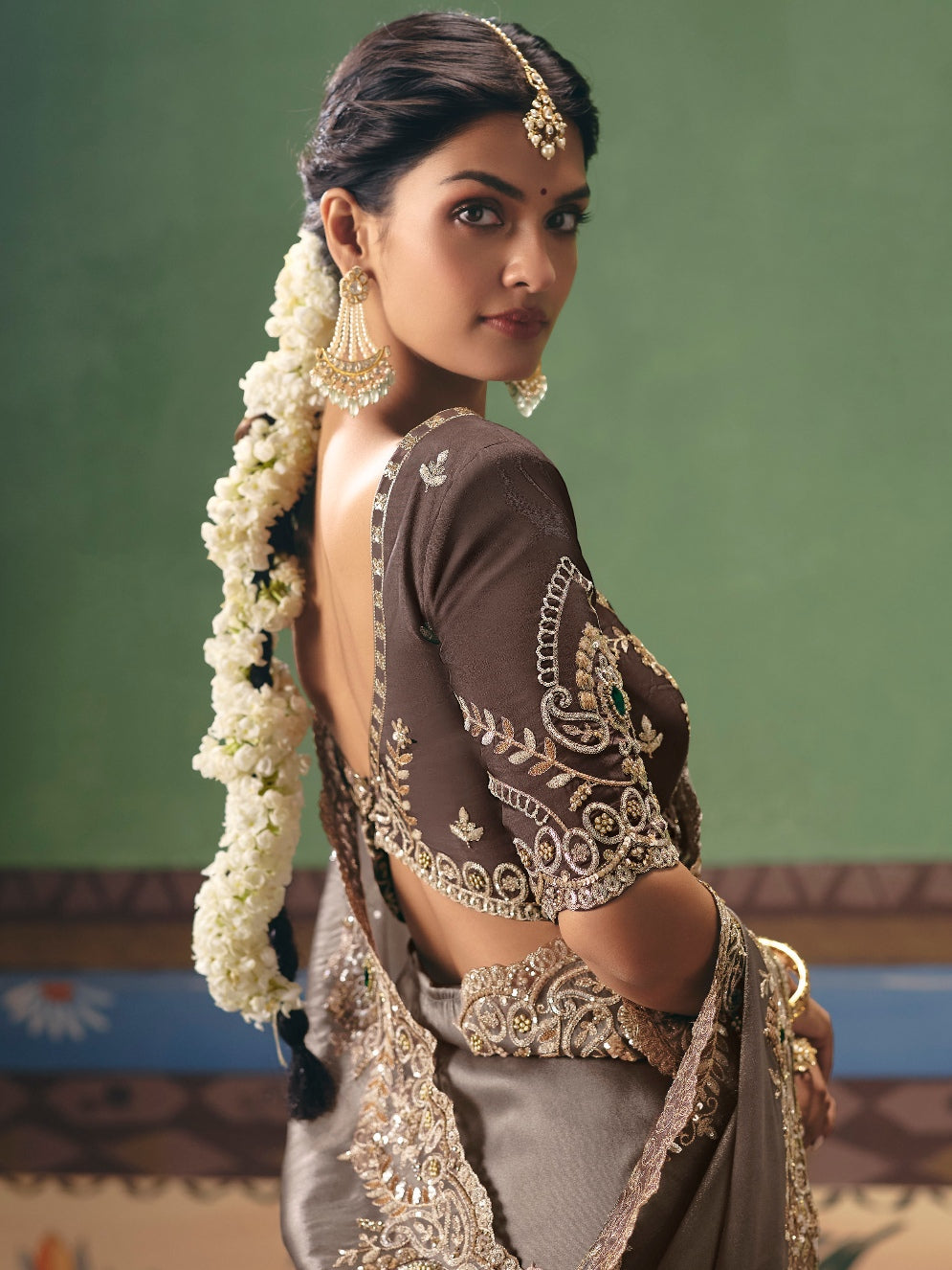 Taupe Brown Designer Saree with Rich Embroidery Work