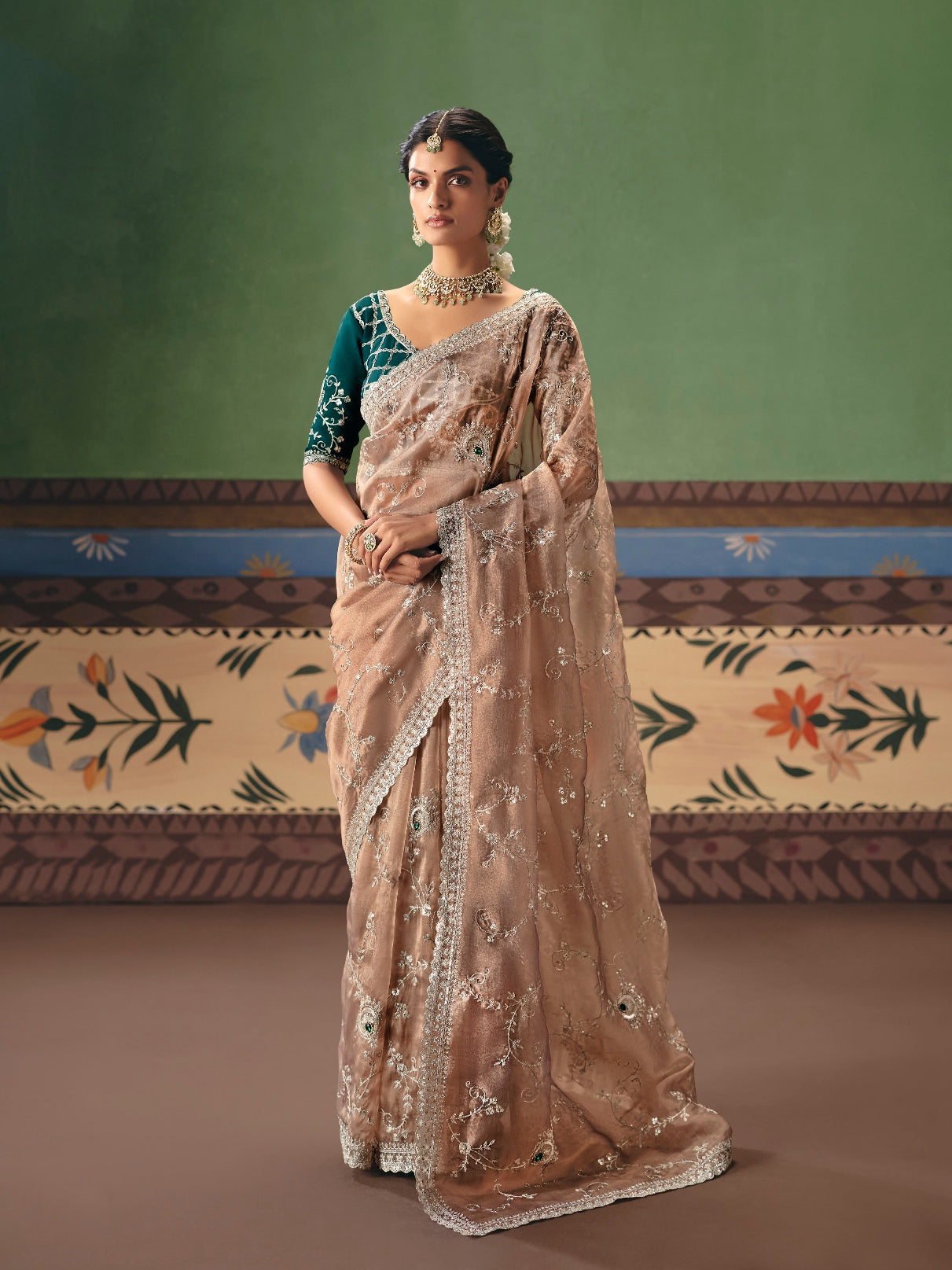 Beige Nude Designer Saree with Elegant Embroidery Work