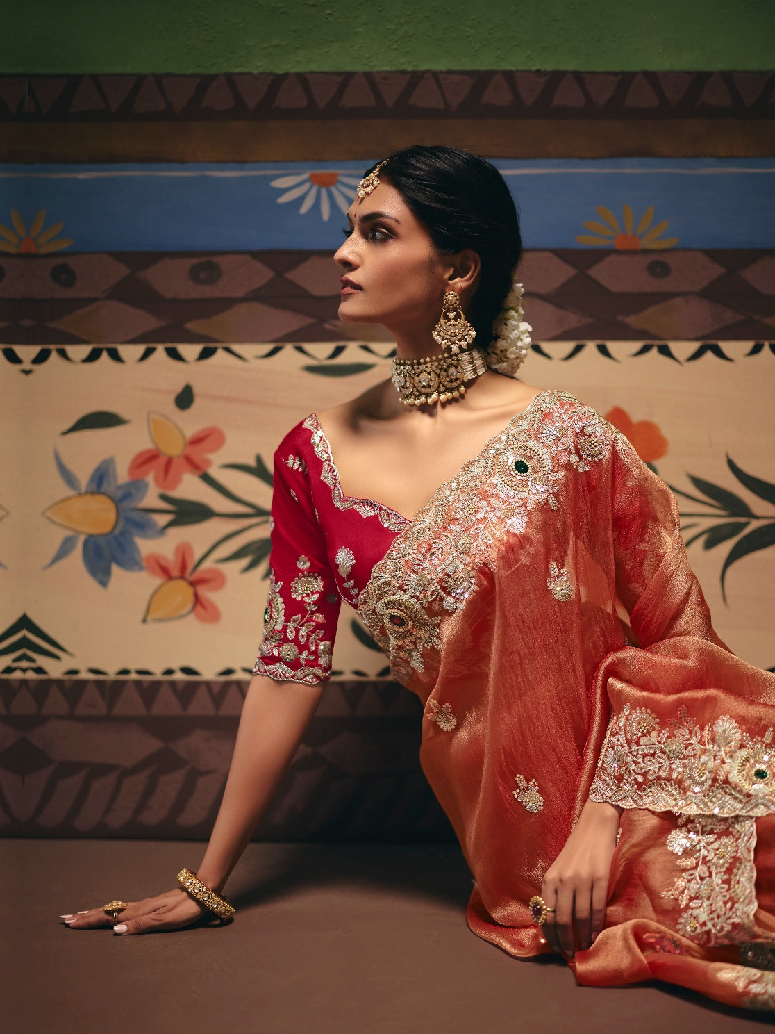 Orange Festive Saree with Heavy Embroidery & Sequins
