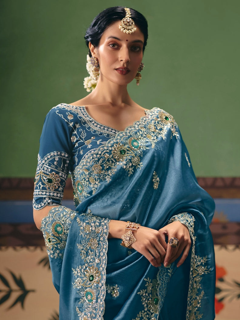 Steel Blue Designer Saree with Intricate Embroidery Work