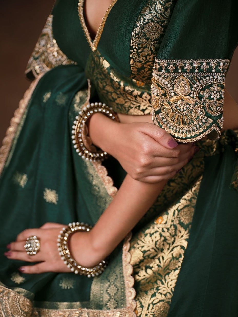 Dark Green Banarasi Lehenga Choli with Heavy Embroidery