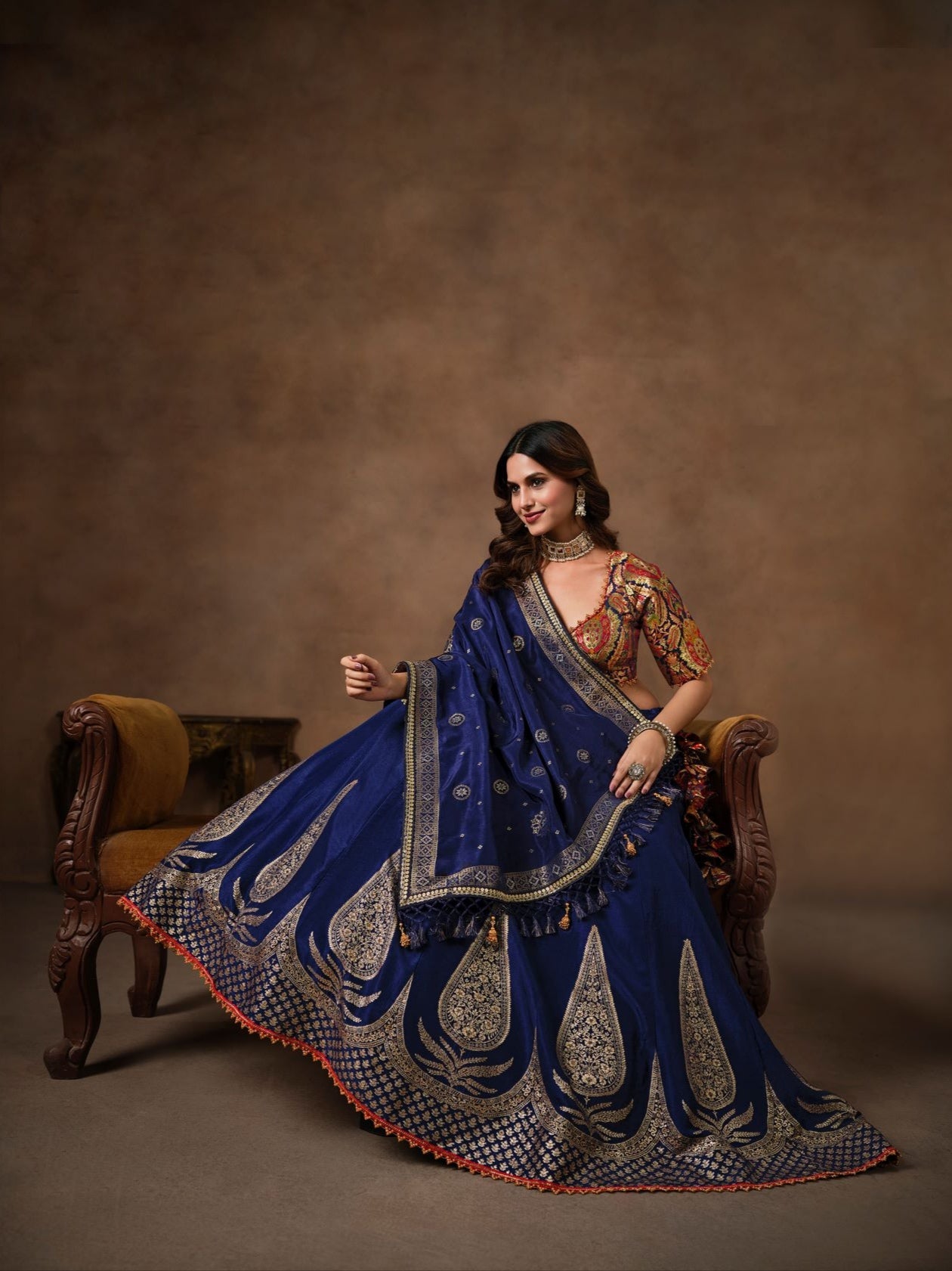 Navy Blue Banarasi Lehenga Choli with Heavy Embroidery