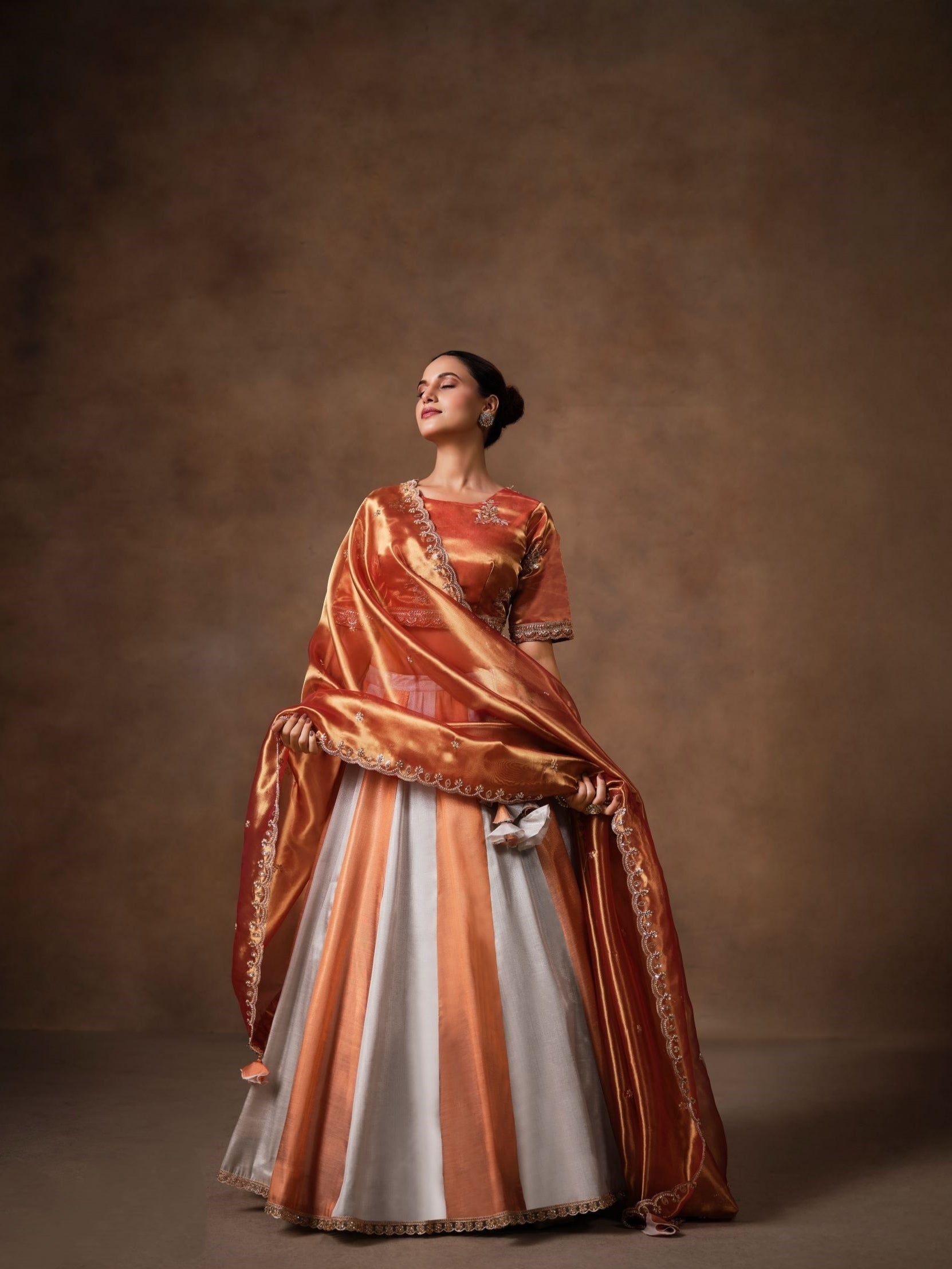 Copper Tissue Lehenga Choli with Sequins, Swarovski & Zari Work
