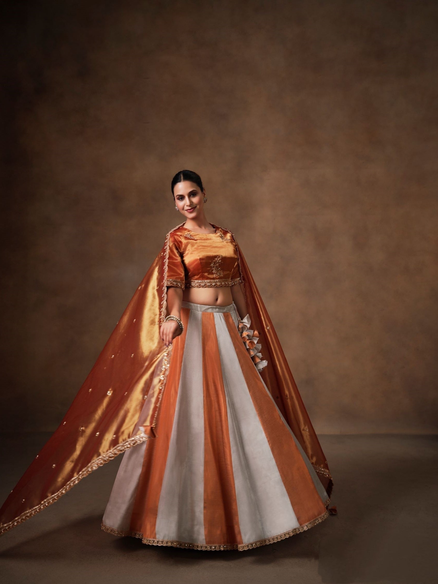 Copper Tissue Lehenga Choli with Sequins, Swarovski & Zari Work