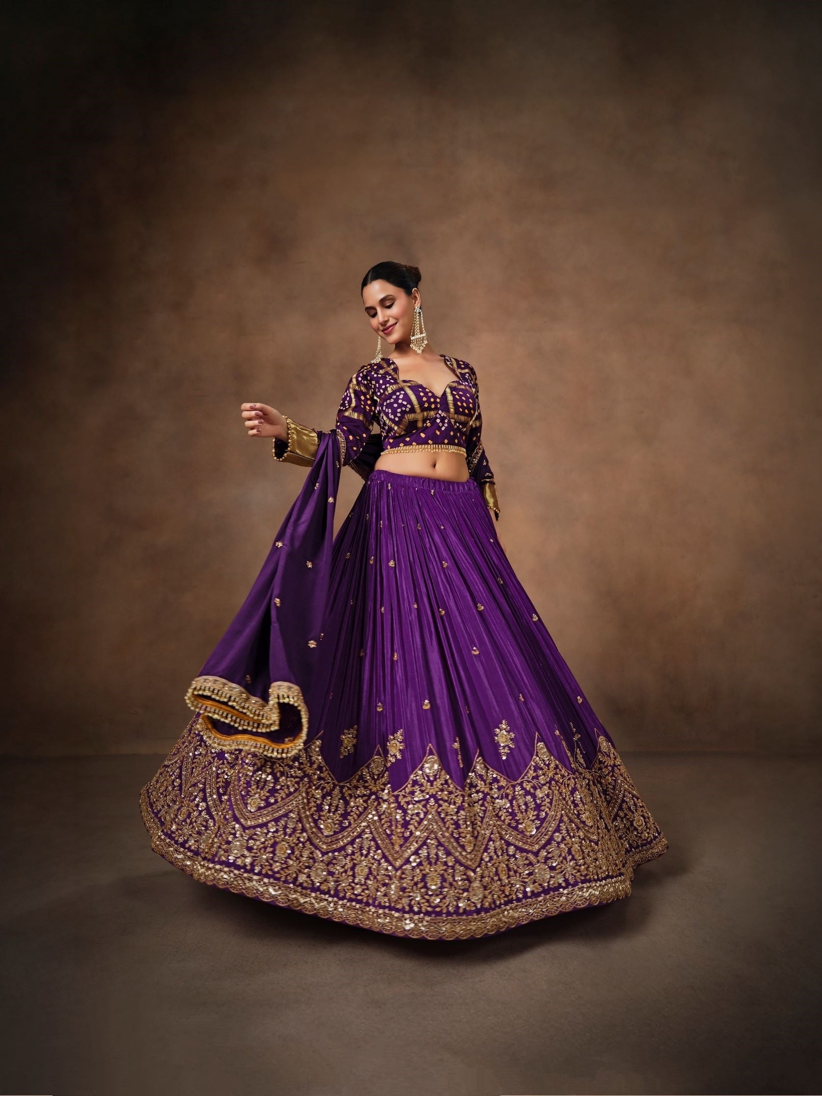 Purple Bandhej Lehenga Choli with Zari & Sequins Work