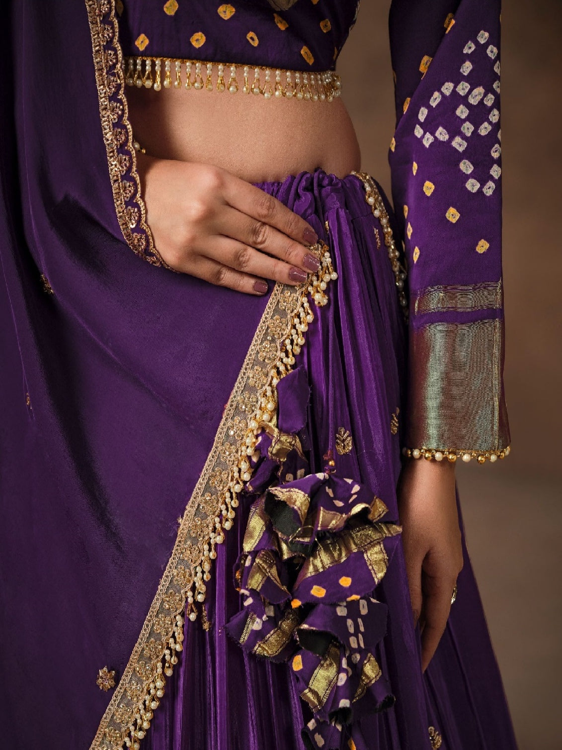 Purple Bandhej Lehenga Choli with Zari & Sequins Work