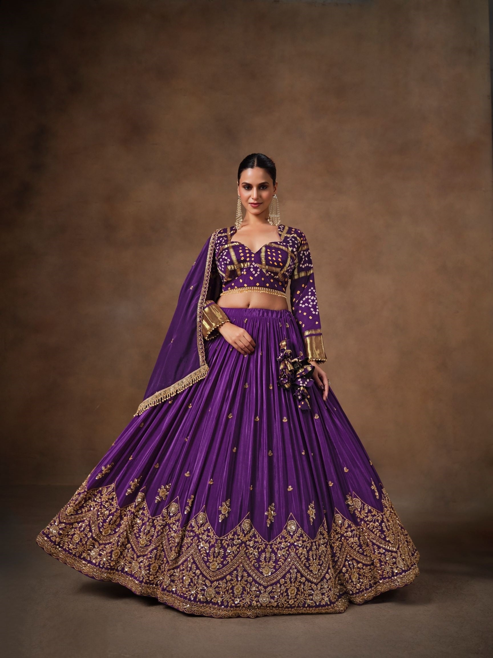 Purple Bandhej Lehenga Choli with Zari & Sequins Work