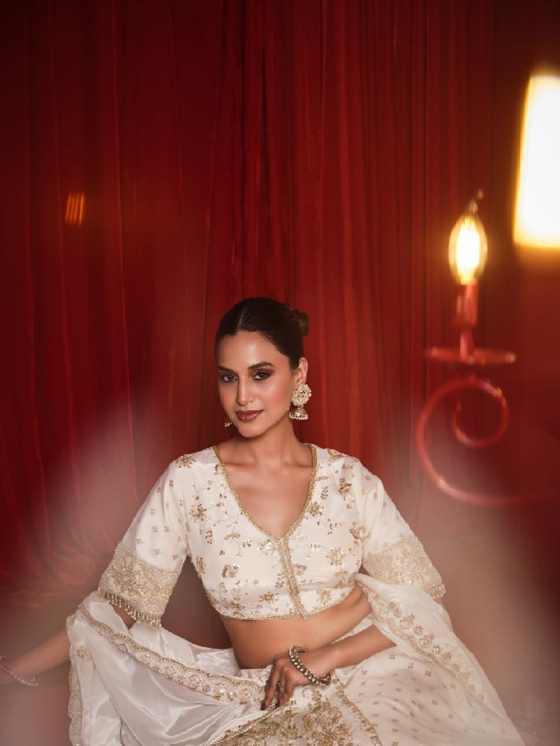 White Dola Silk Lehenga Choli with Heavy Embroidery & Zari Work
