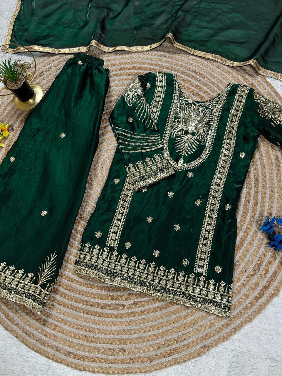 Dark Green Girls Party Wear Top Palazzo & Dupatta Set