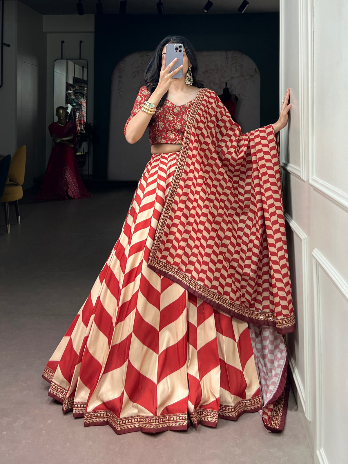 Rust Pure Satin Silk Gotta Patti Lace Work Chaniya Choli