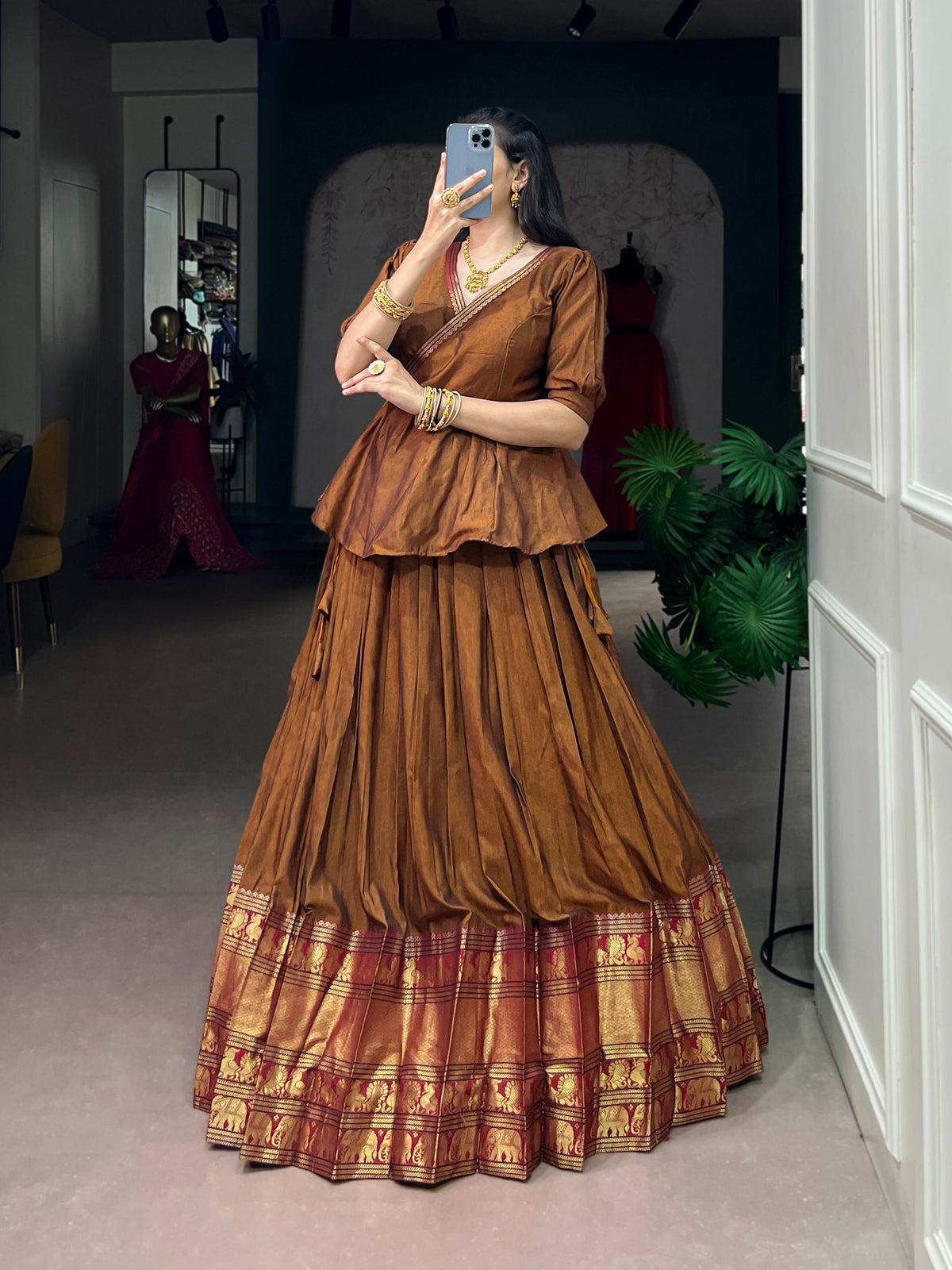 Brown Pure Narayan Pet Cotton Paired South Indian Lehenga Choli