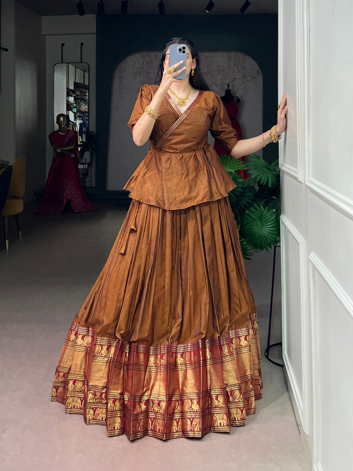 Brown Pure Narayan Pet Cotton Paired South Indian Lehenga Choli