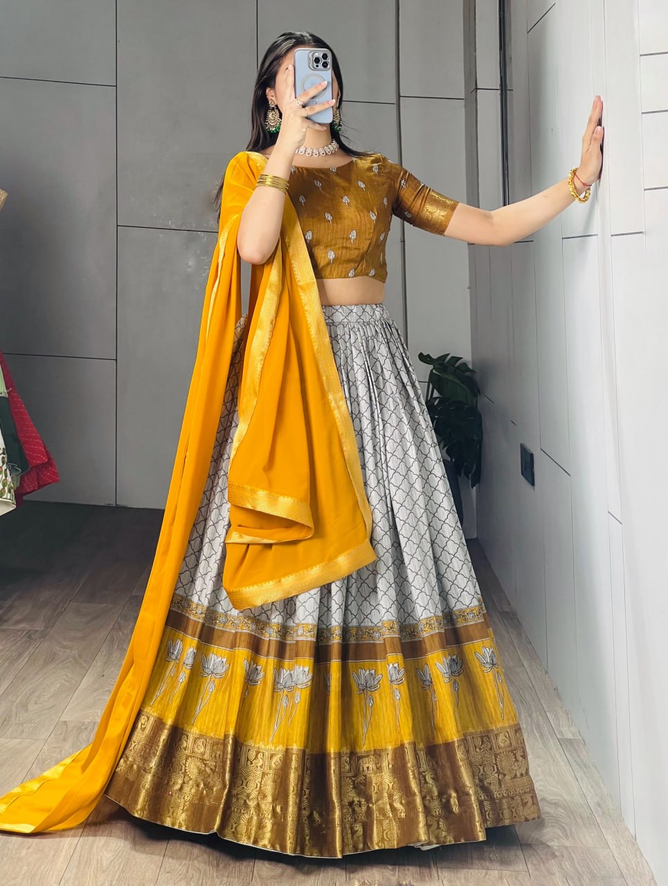 Mustard Pure Tussar Khichu Ethnic Print With Silk Weaving Border South Indian Lehenga Choli