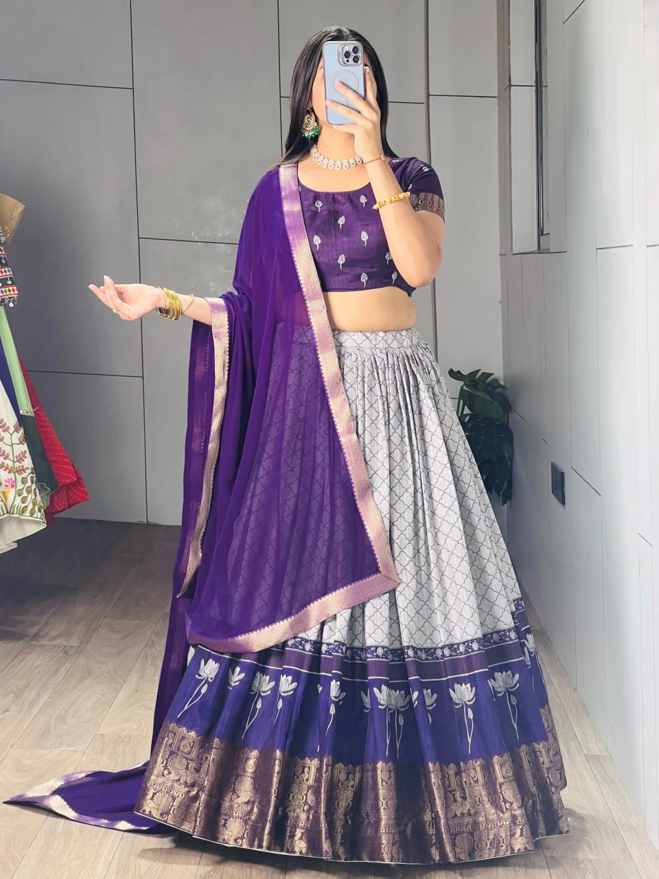 Blue Pure Tussar Khichu Ethnic Print With Silk Weaving Border South Indian Lehenga Choli