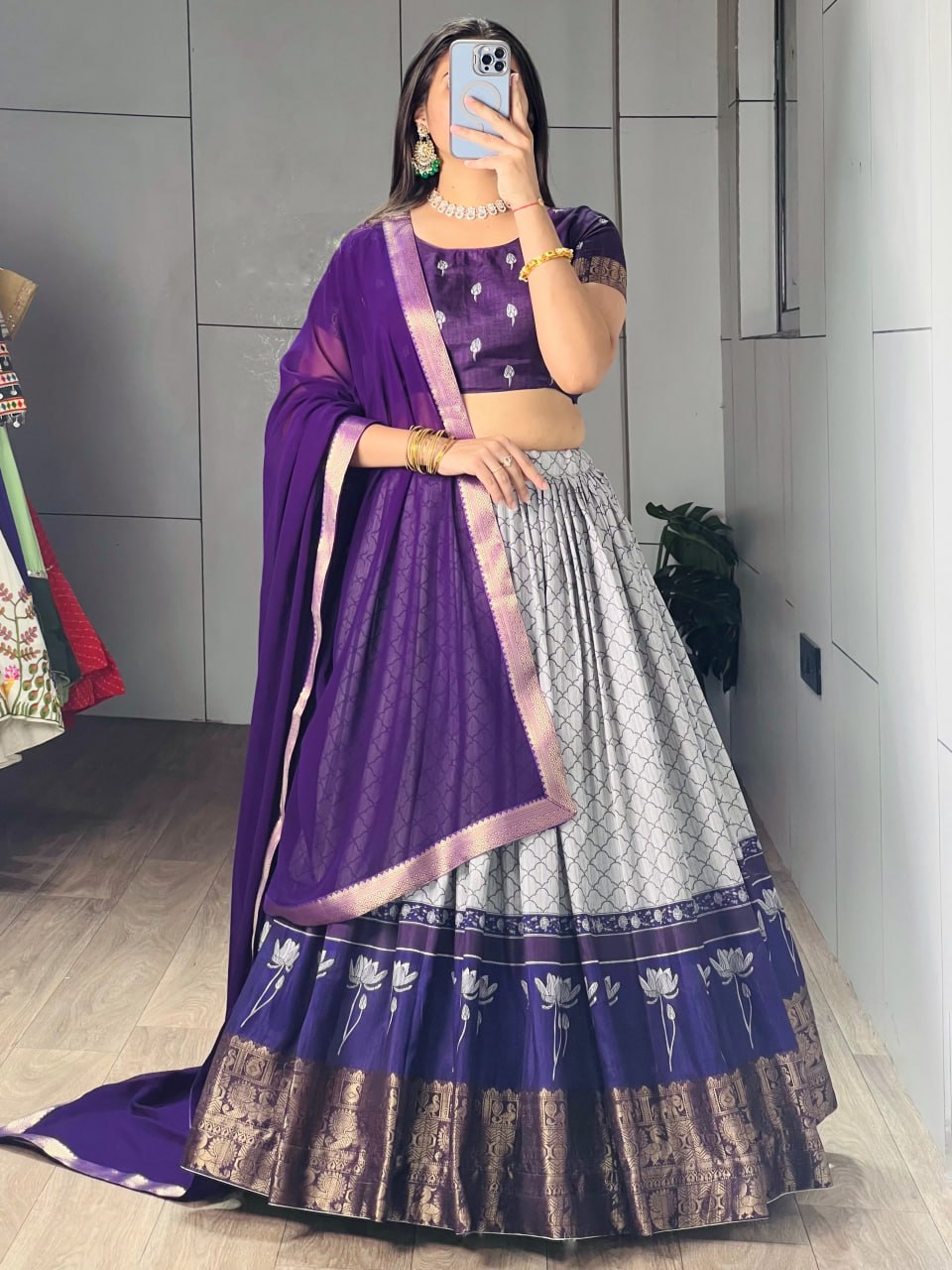 Blue Pure Tussar Khichu Ethnic Print With Silk Weaving Border South Indian Lehenga Choli