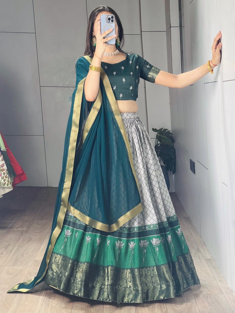 Rama Pure Tussar Khichu Ethnic Print With Silk Weaving Border South Indian Lehenga Choli