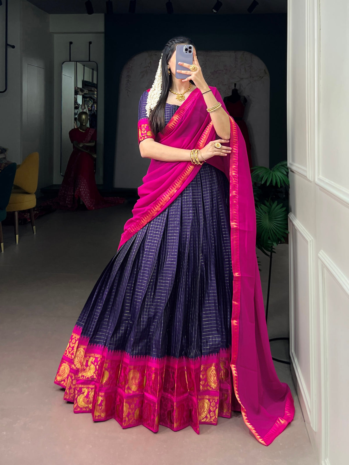 Navy Pure Poly Cotton Chexs with Rich Zari Weaving Work South Indian Lehenga Choli