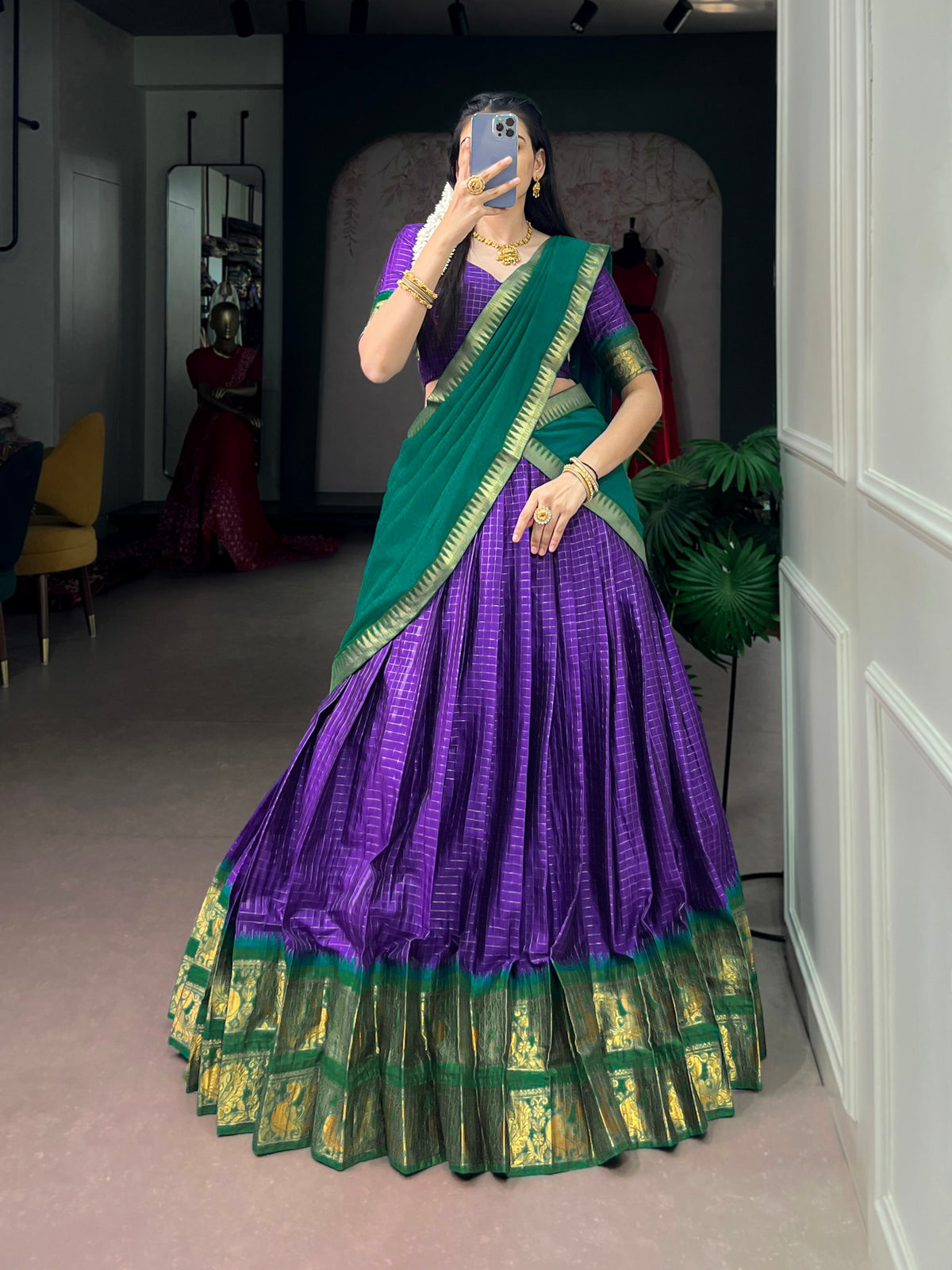 Purple Pure Poly Cotton Chexs with Rich Zari Weaving Work South Indian Lehenga Choli