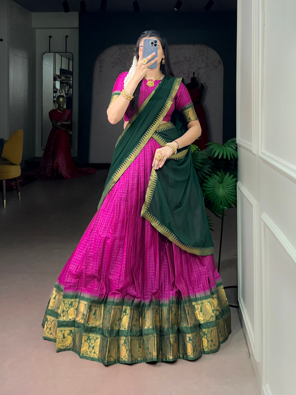 Pink Pure Poly Cotton Chexs with Rich Zari Weaving Work South Indian Lehenga Choli
